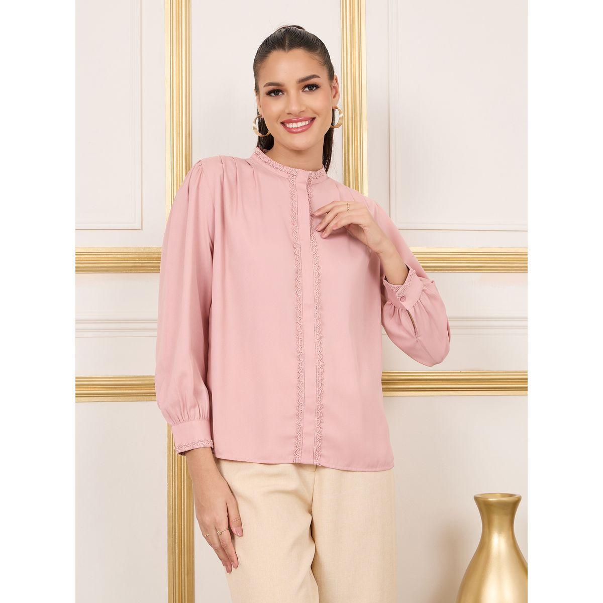 Styli Lace Trim Pleated Detail High Neck Blouse-women-clothing-shirtsandblouses-blouses-image-2