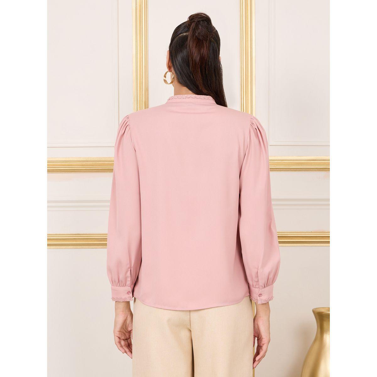 Styli Lace Trim Pleated Detail High Neck Blouse-women-clothing-shirtsandblouses-blouses-image-5