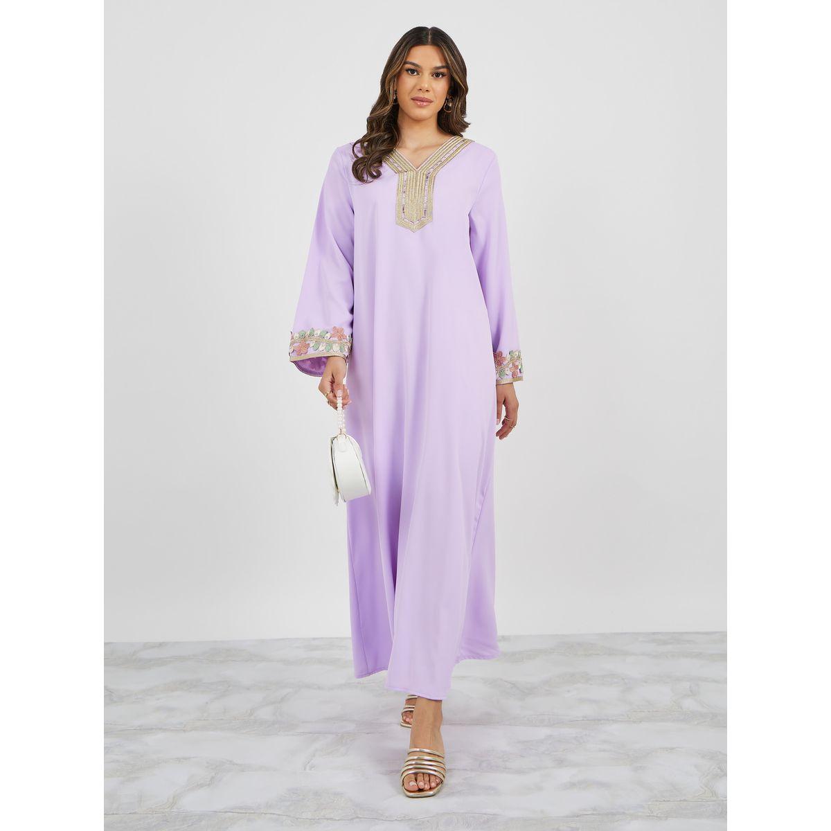 Floral Lace Trim Detail V Neck Jalabiya-women-arabicclothing-jalabiyas-image-2