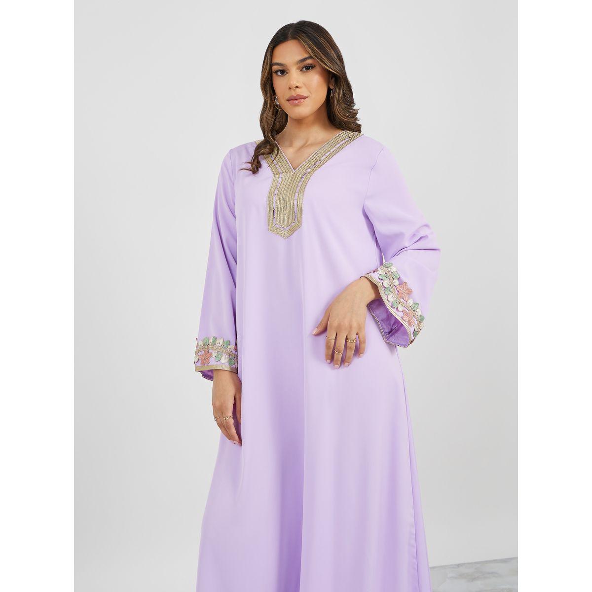 Floral Lace Trim Detail V Neck Jalabiya-women-arabicclothing-jalabiyas-image-3