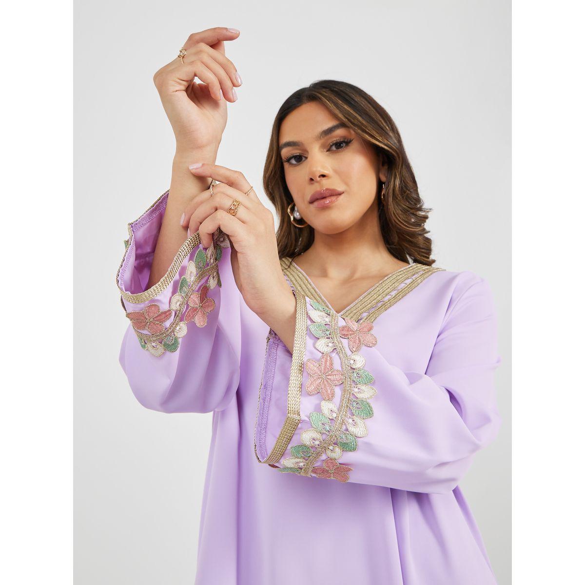 Floral Lace Trim Detail V Neck Jalabiya-women-arabicclothing-jalabiyas-image-4