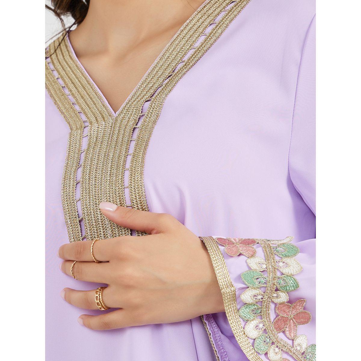 Floral Lace Trim Detail V Neck Jalabiya-women-arabicclothing-jalabiyas-image-5