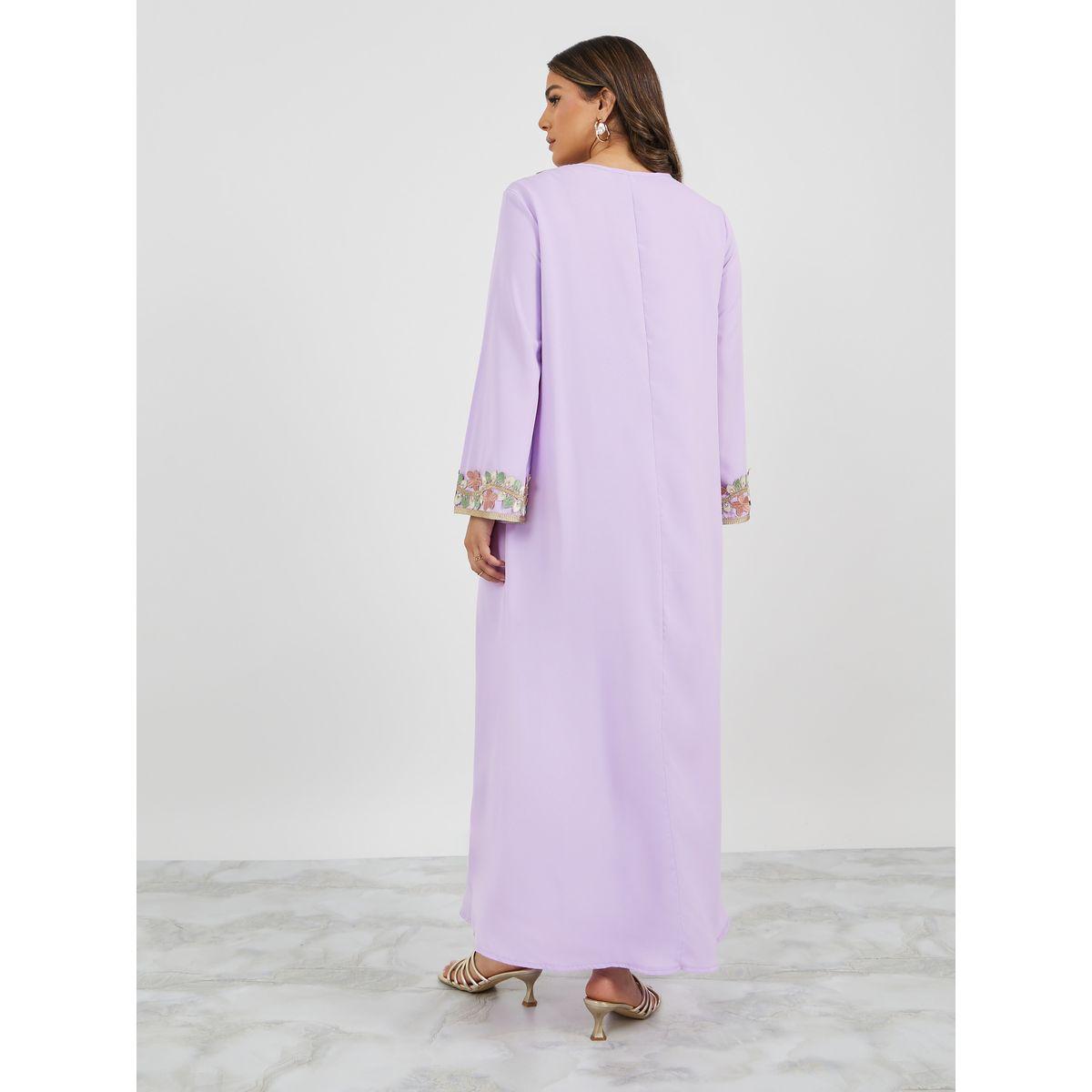 Floral Lace Trim Detail V Neck Jalabiya-women-arabicclothing-jalabiyas-image-6