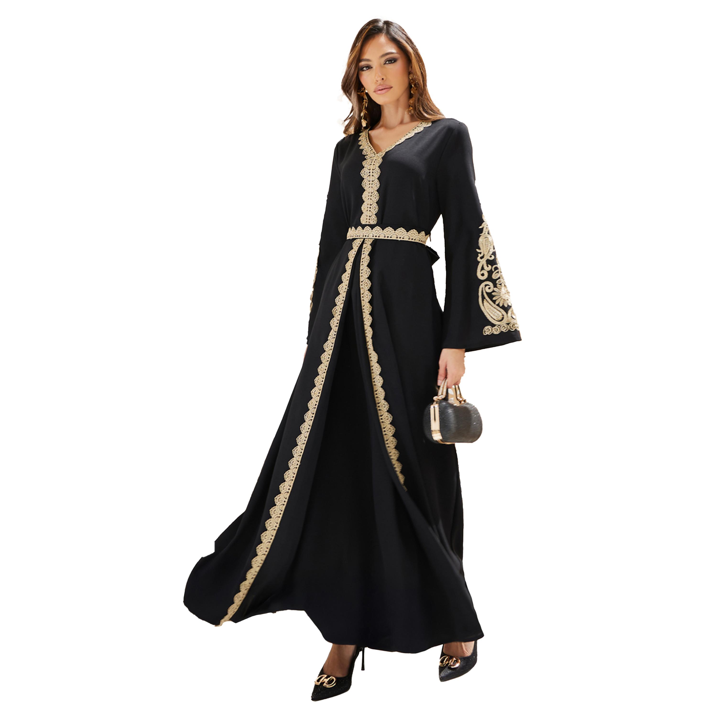 Amirah X Styli Cut Out Embroidered Lace Trim Kaftan-women-arabicclothing-kaftan-image-1