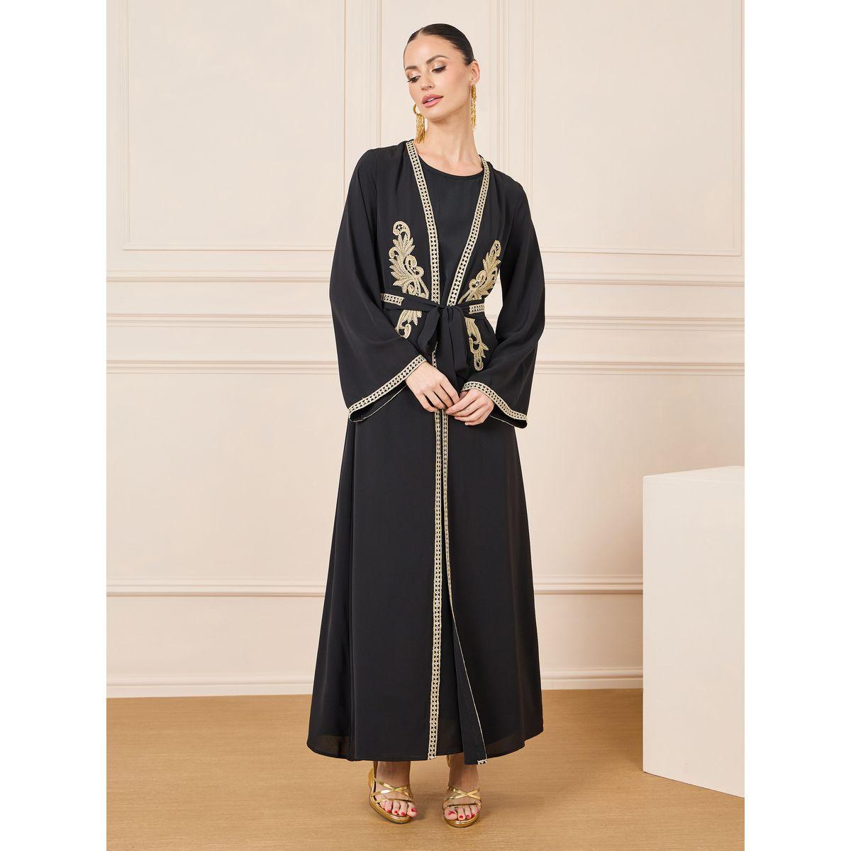 Styli Gold Lace Trim Kaftan with Tie Up Belt-women-arabicclothing-kaftan-image-1