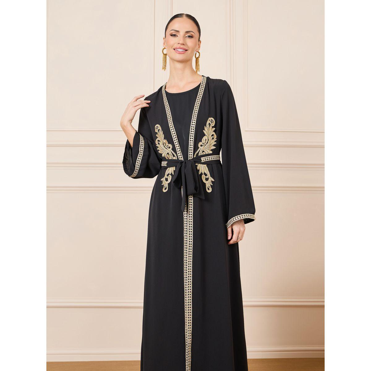 Styli Gold Lace Trim Kaftan with Tie Up Belt-women-arabicclothing-kaftan-image-2