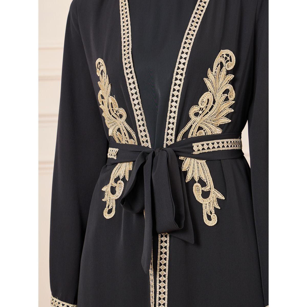 Styli Gold Lace Trim Kaftan with Tie Up Belt-women-arabicclothing-kaftan-image-3