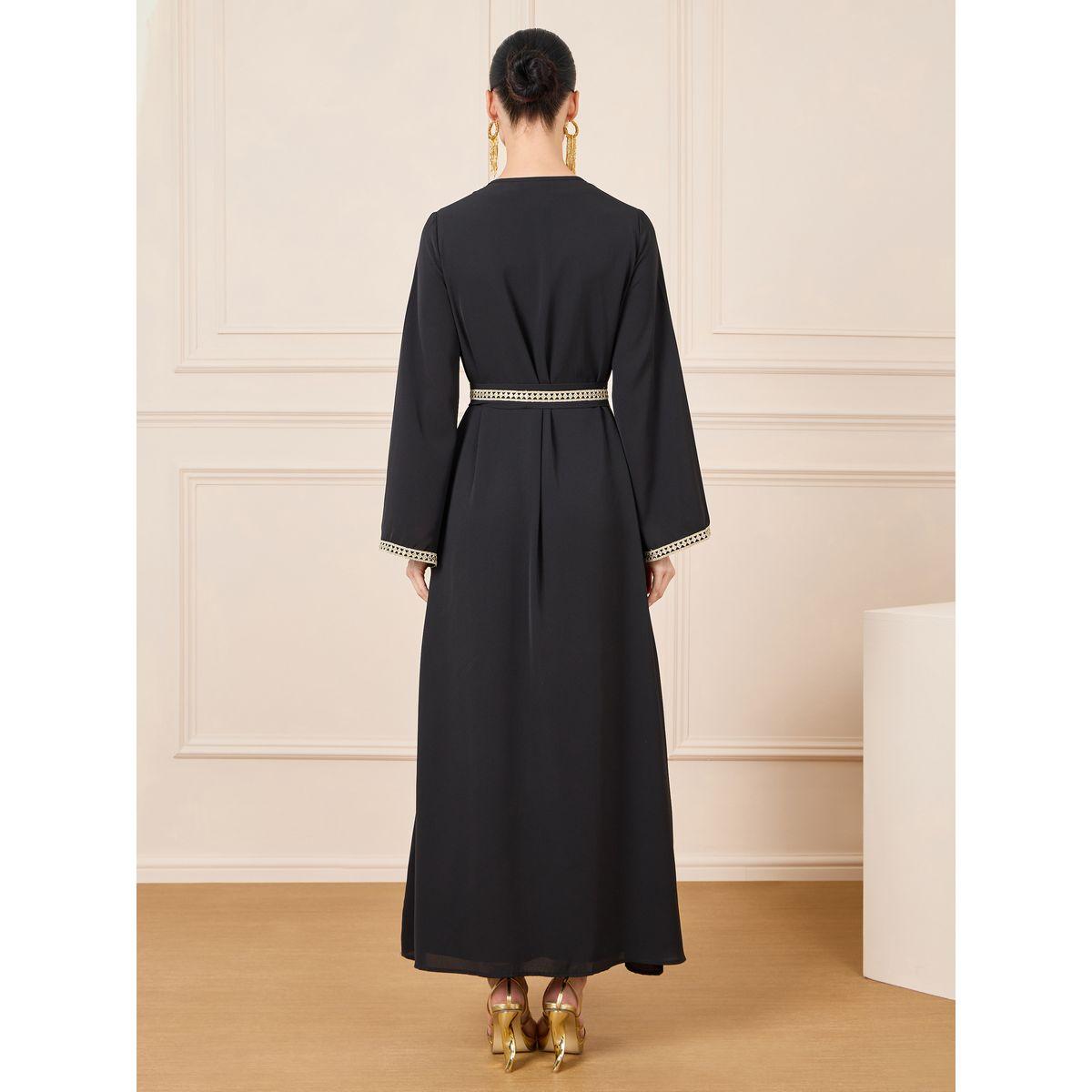 Styli Gold Lace Trim Kaftan with Tie Up Belt-women-arabicclothing-kaftan-image-4