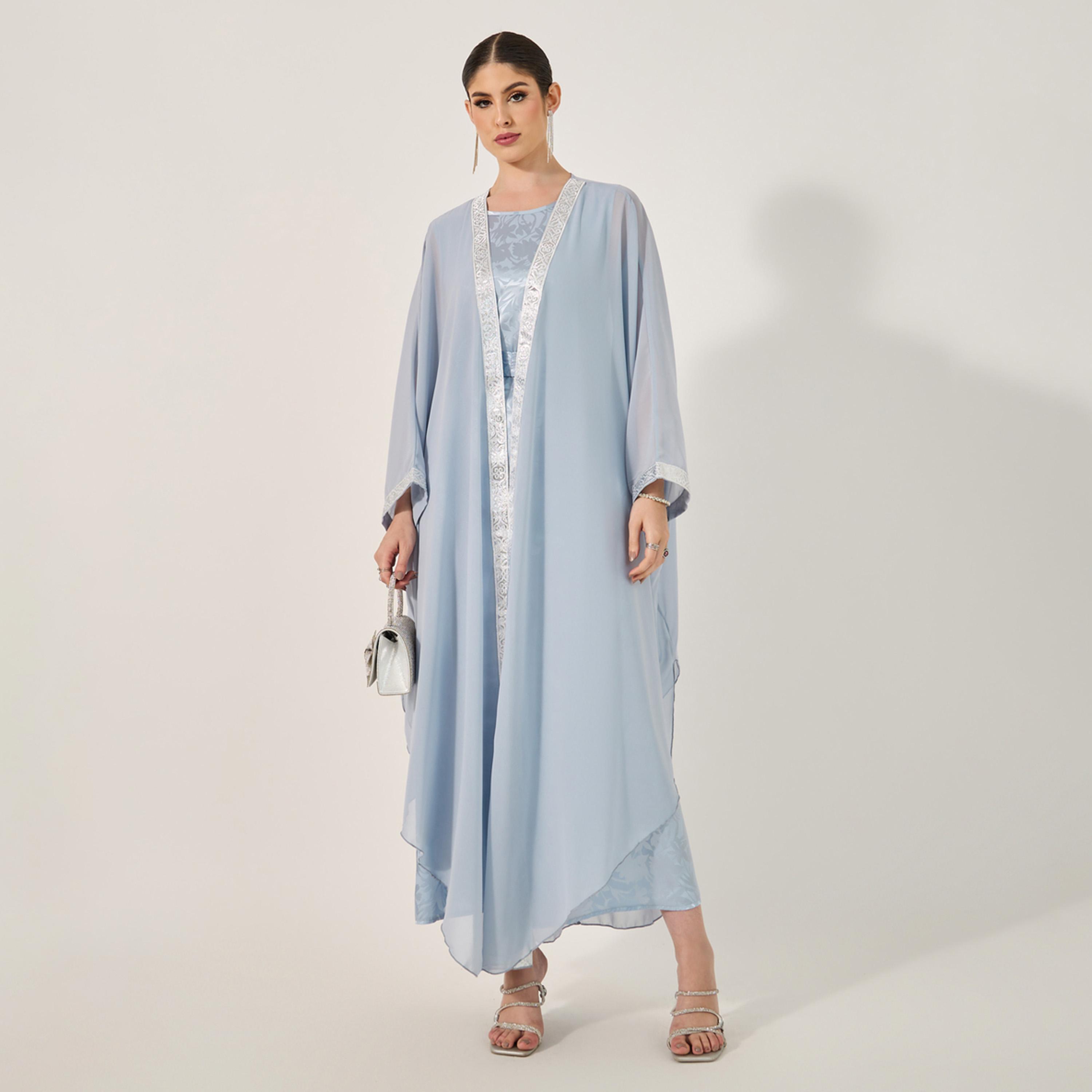 أميرة x ستايلي عباية جاكار بأكمام وطواطية مع فستان بحزام-women-arabicclothing-sets-image-1