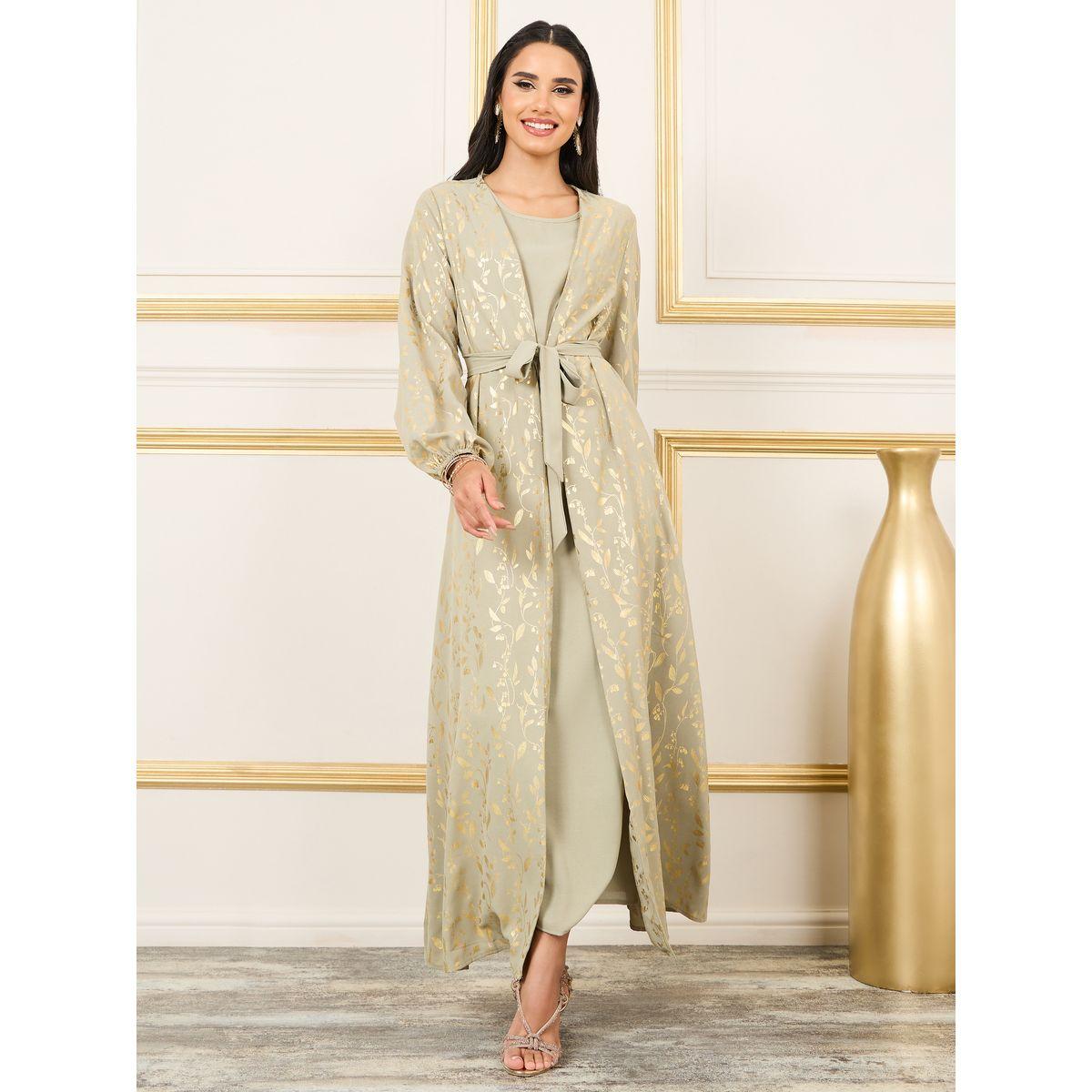 Styli Foil Print Self Tie Up Kaftan-women-arabicclothing-kaftan-image-1
