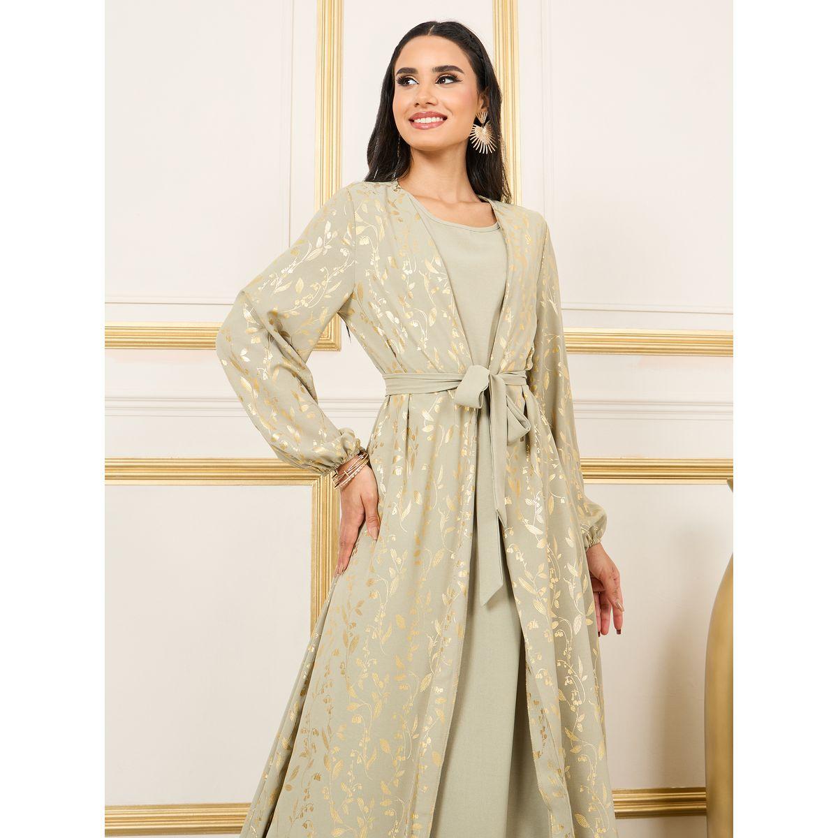 Styli Foil Print Self Tie Up Kaftan-women-arabicclothing-kaftan-image-2