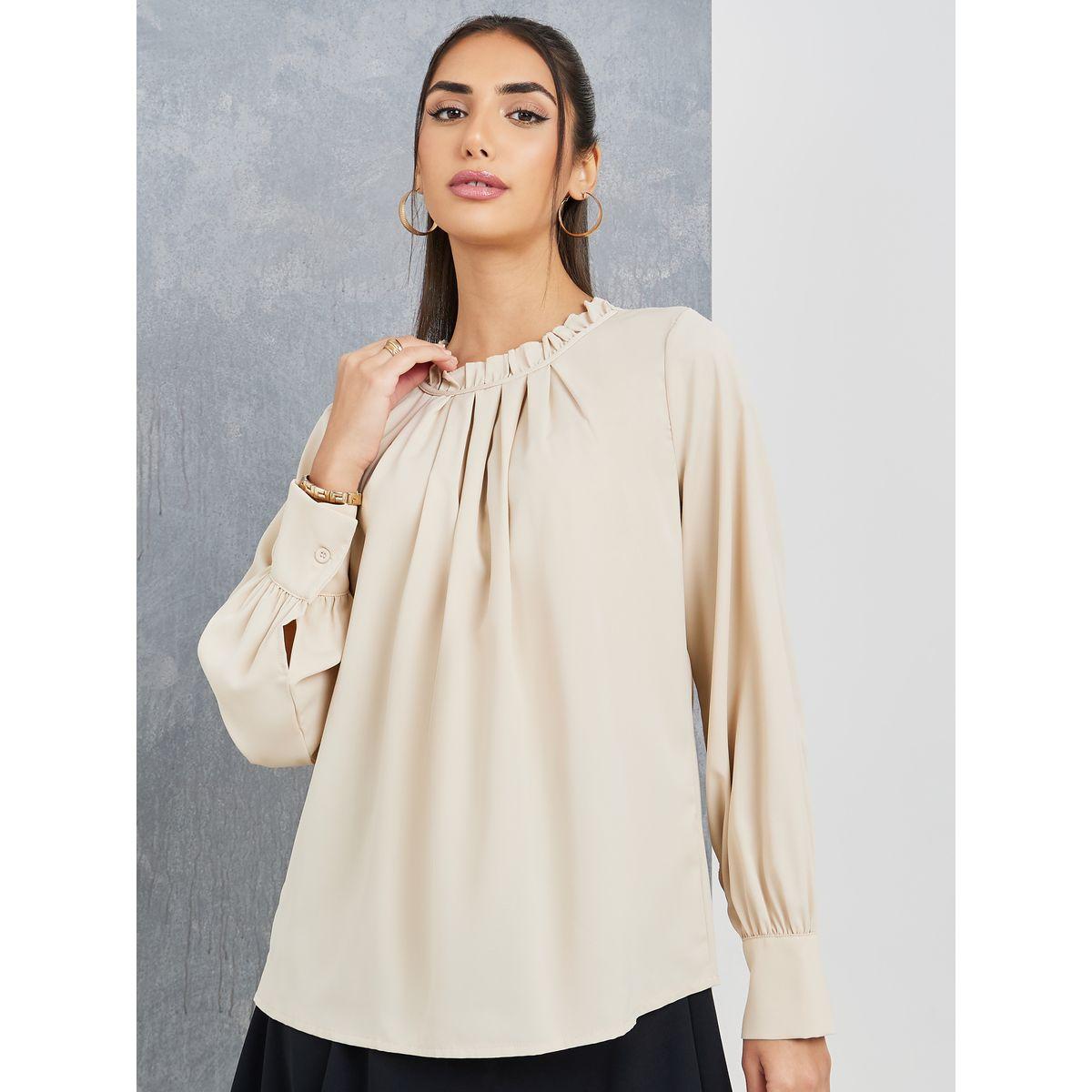 Styli Ruffled Neck Pleat Detail Blouse-women-clothing-shirtsandblouses-blouses-image-1
