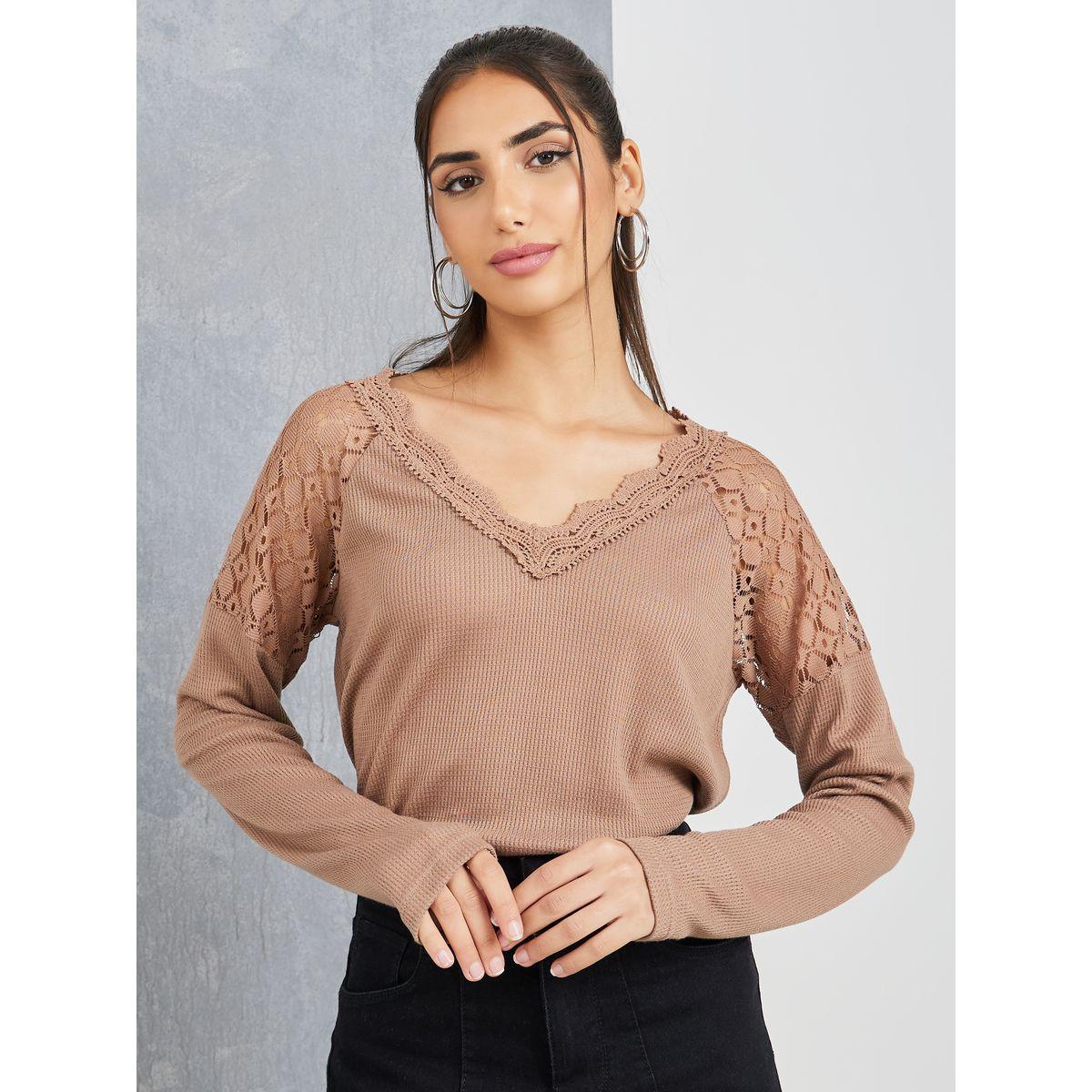 Styli Lace Insert V Neck Knit T-Shirt-women-clothing-tshirts-image-1