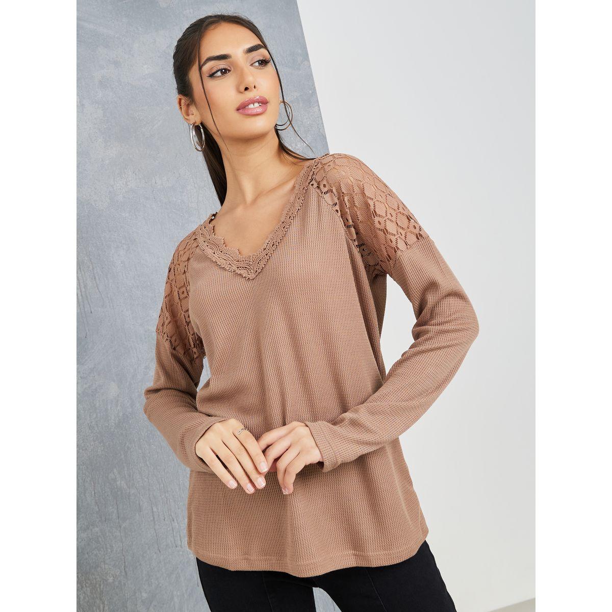 Styli Lace Insert V Neck Knit T-Shirt-women-clothing-tshirts-image-3