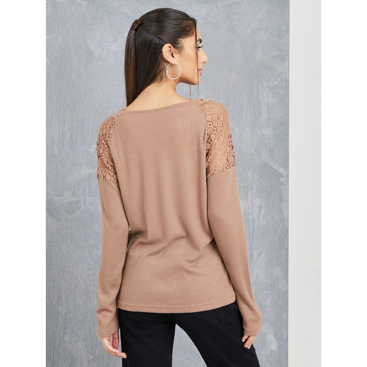 Styli Lace Insert V Neck Knit T-Shirt-women-clothing-tshirts-image-5
