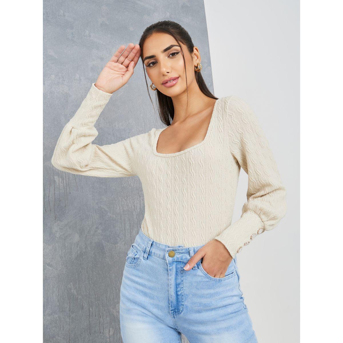 Styli Textured Knit Button Cuff Detail Top-women-clothing-shirtsandblouses-blouses-image-1