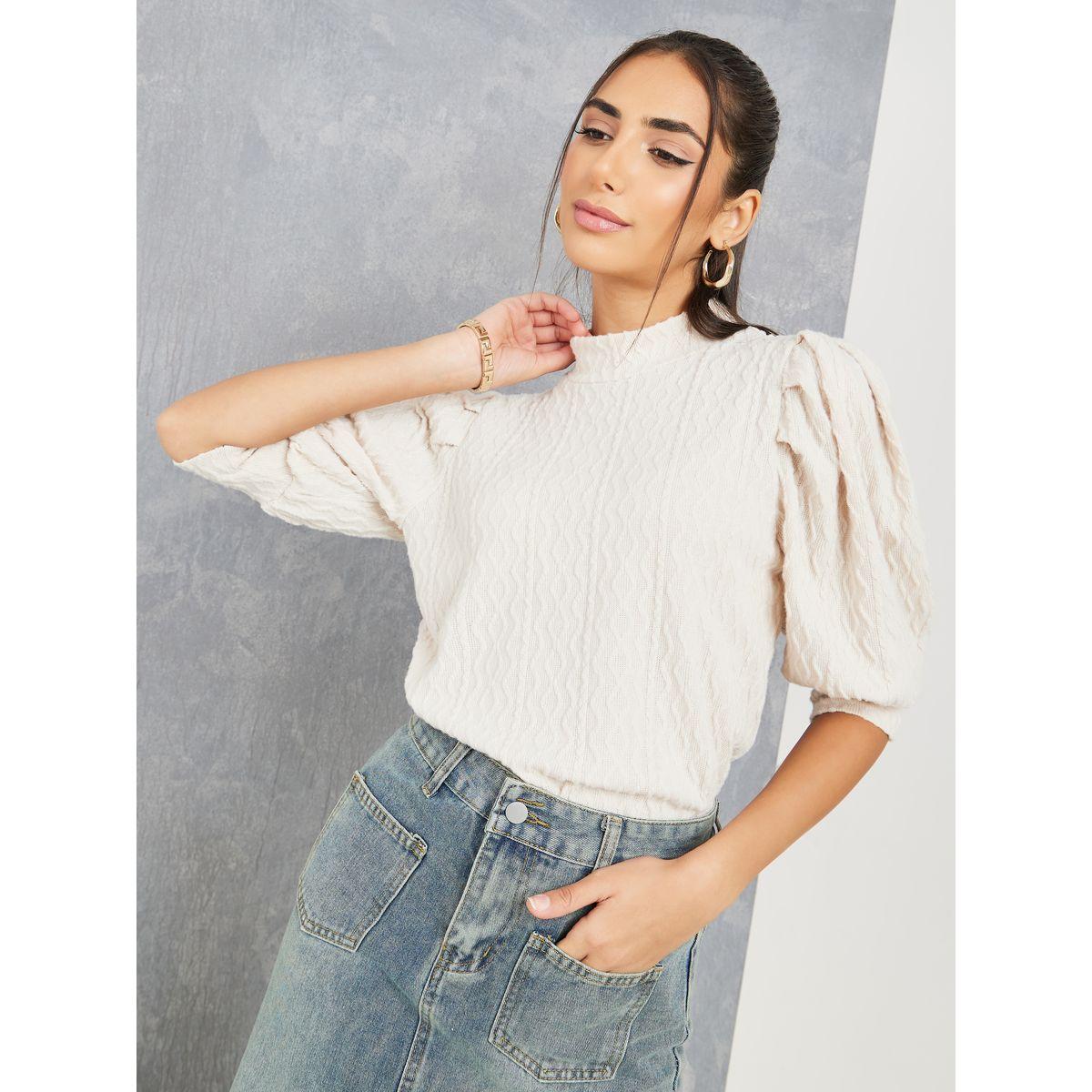 Styli High Neck Textured Puff Sleeve Top-women-clothing-shirtsandblouses-blouses-image-1