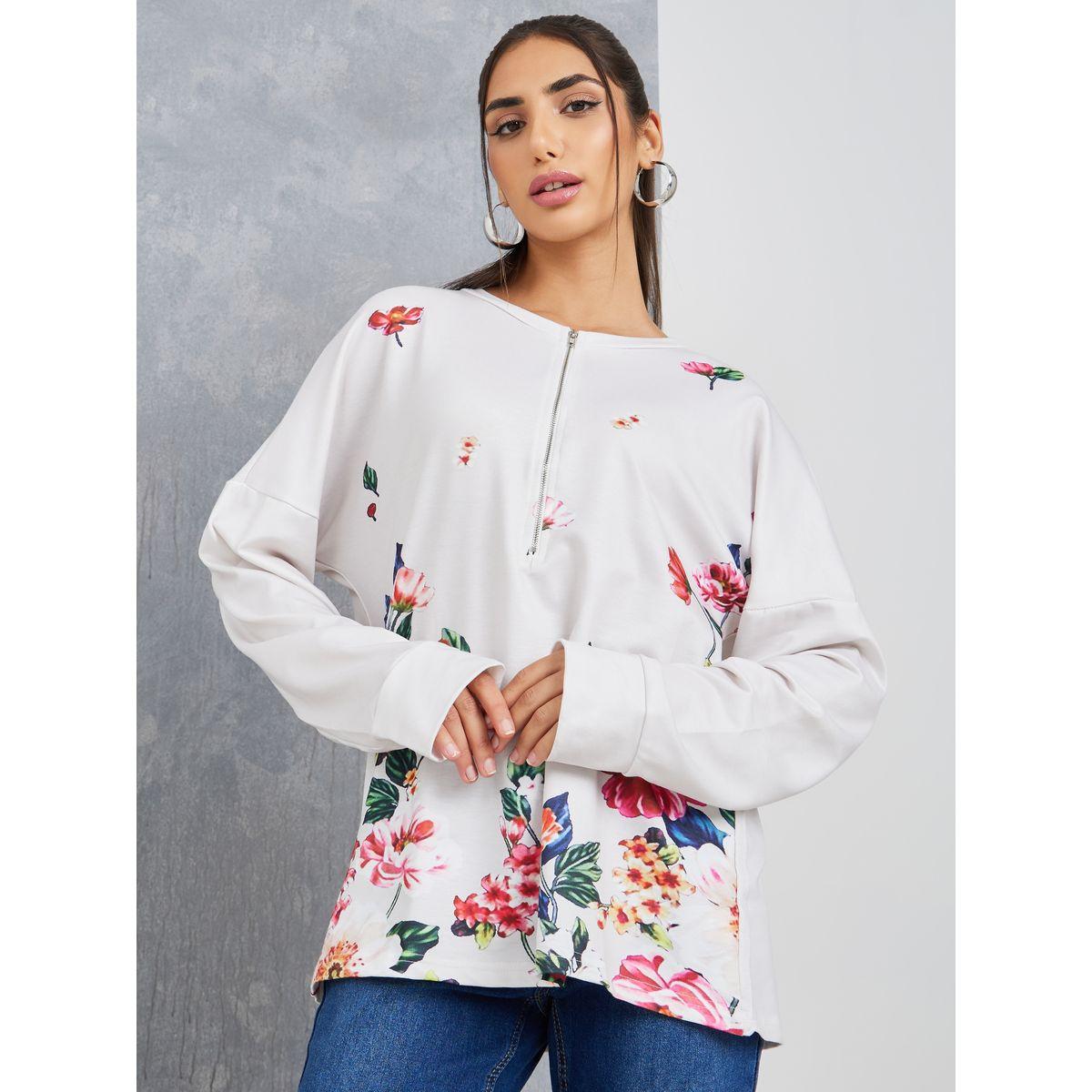 Styli Floral Print Zip Closure Longline Top-women-clothing-shirtsandblouses-blouses-image-1