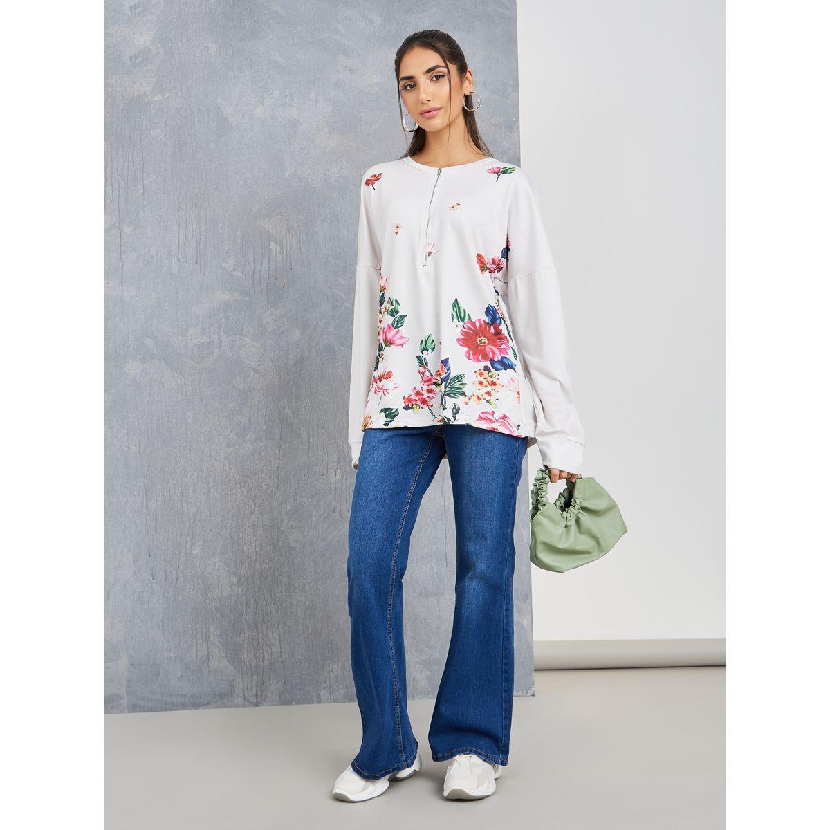 Styli Floral Print Zip Closure Longline Top-women-clothing-shirtsandblouses-blouses-image-2