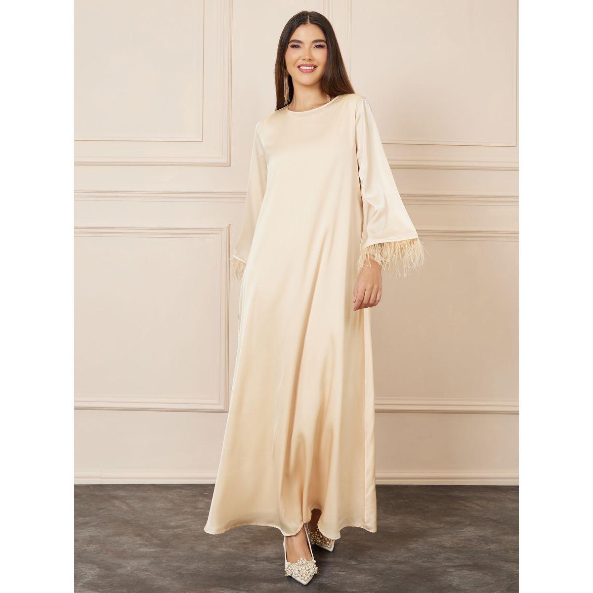 Styli Faux Feather Trim Sleeves Jalabiya-women-arabicclothing-jalabiyas-image-1