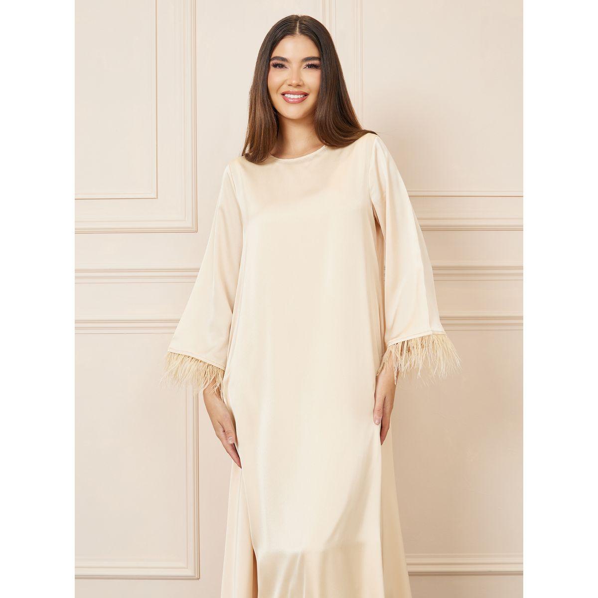 Styli Faux Feather Trim Sleeves Jalabiya-women-arabicclothing-jalabiyas-image-2