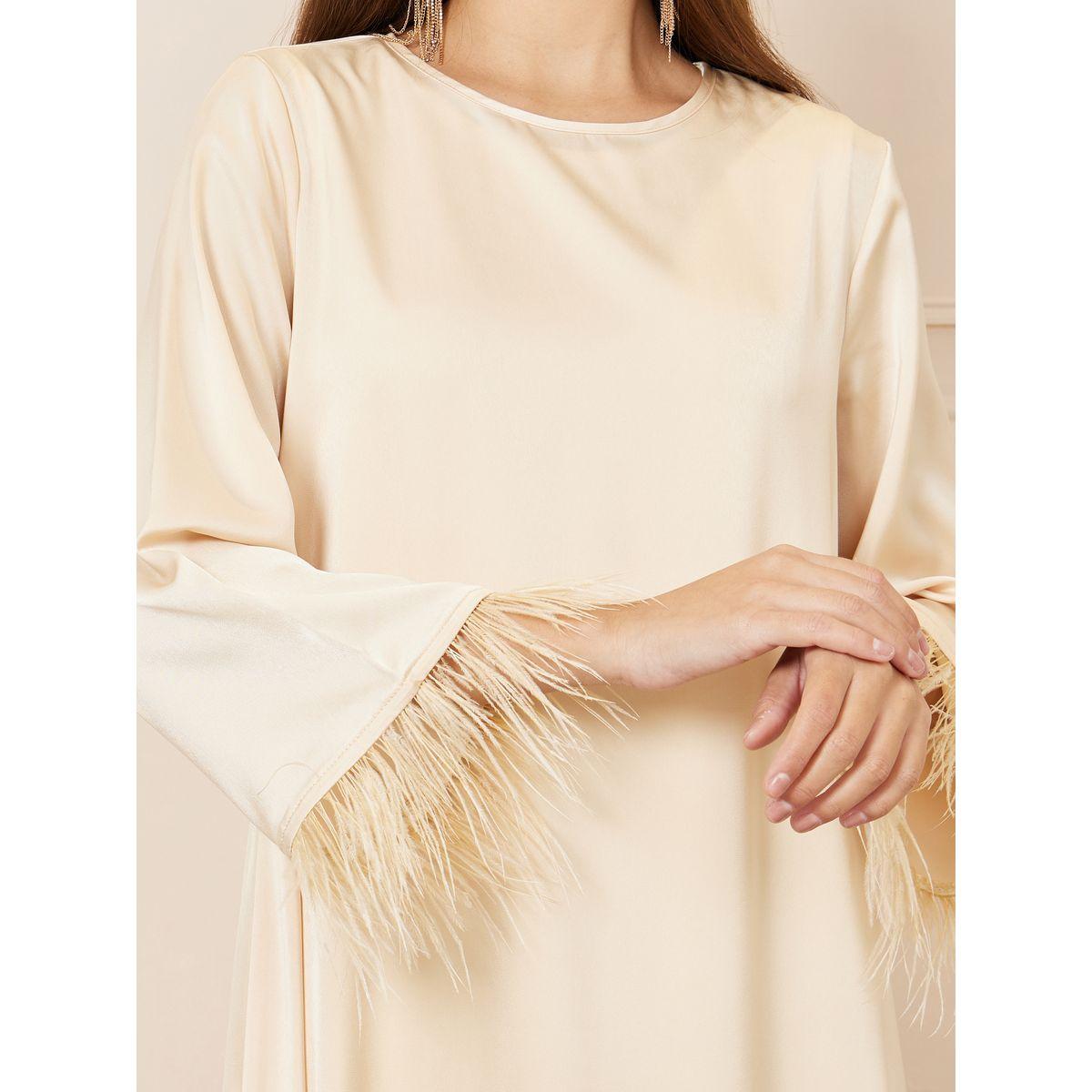 Styli Faux Feather Trim Sleeves Jalabiya-women-arabicclothing-jalabiyas-image-3