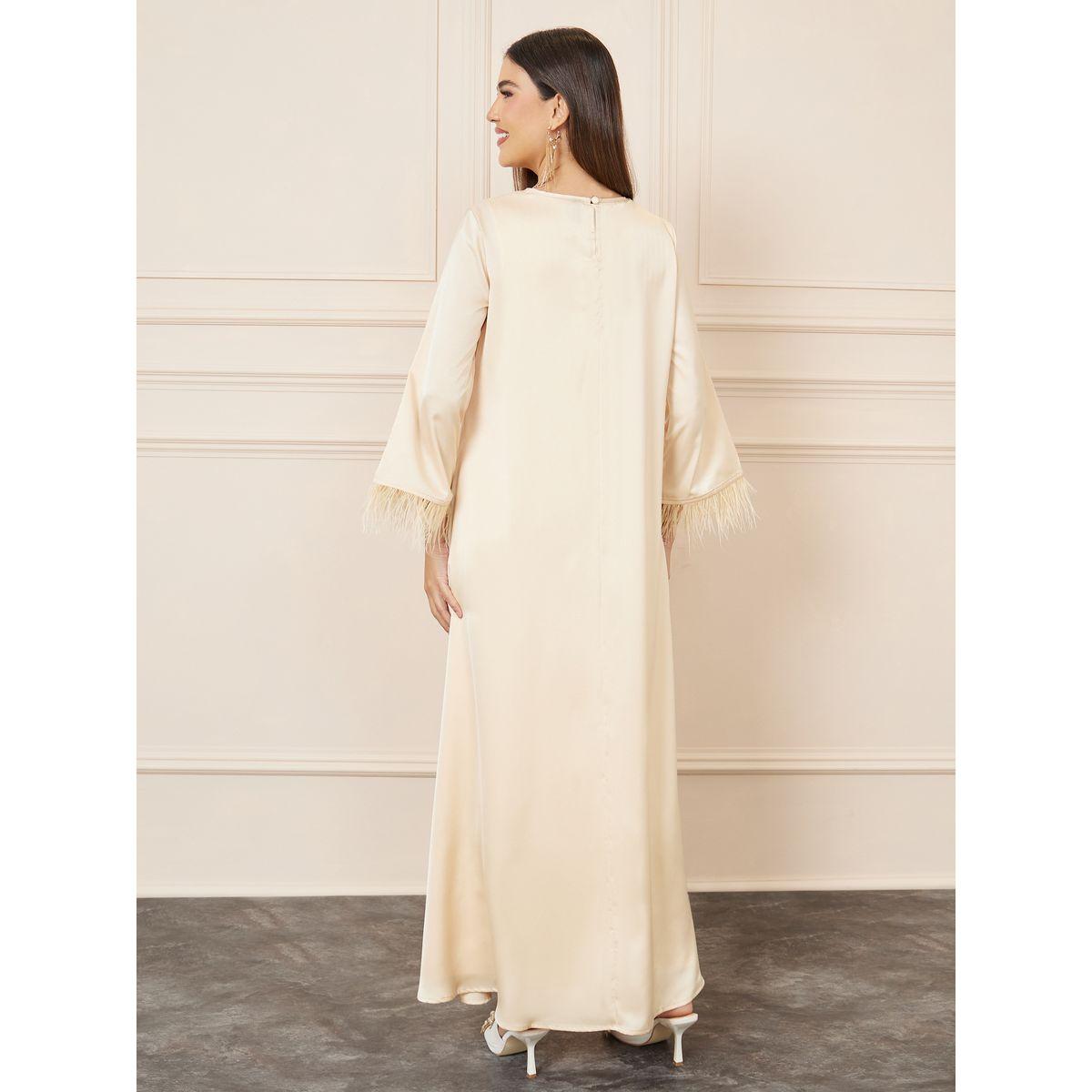 Styli Faux Feather Trim Sleeves Jalabiya-women-arabicclothing-jalabiyas-image-4