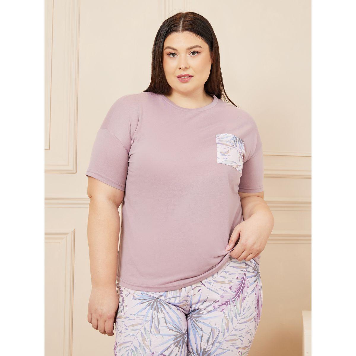 Styli Unwind Plus Leaf Print Pocket T-Shirt & Pyjama Set-women-clothing-nightwear-pyjamas-longsets-image-3