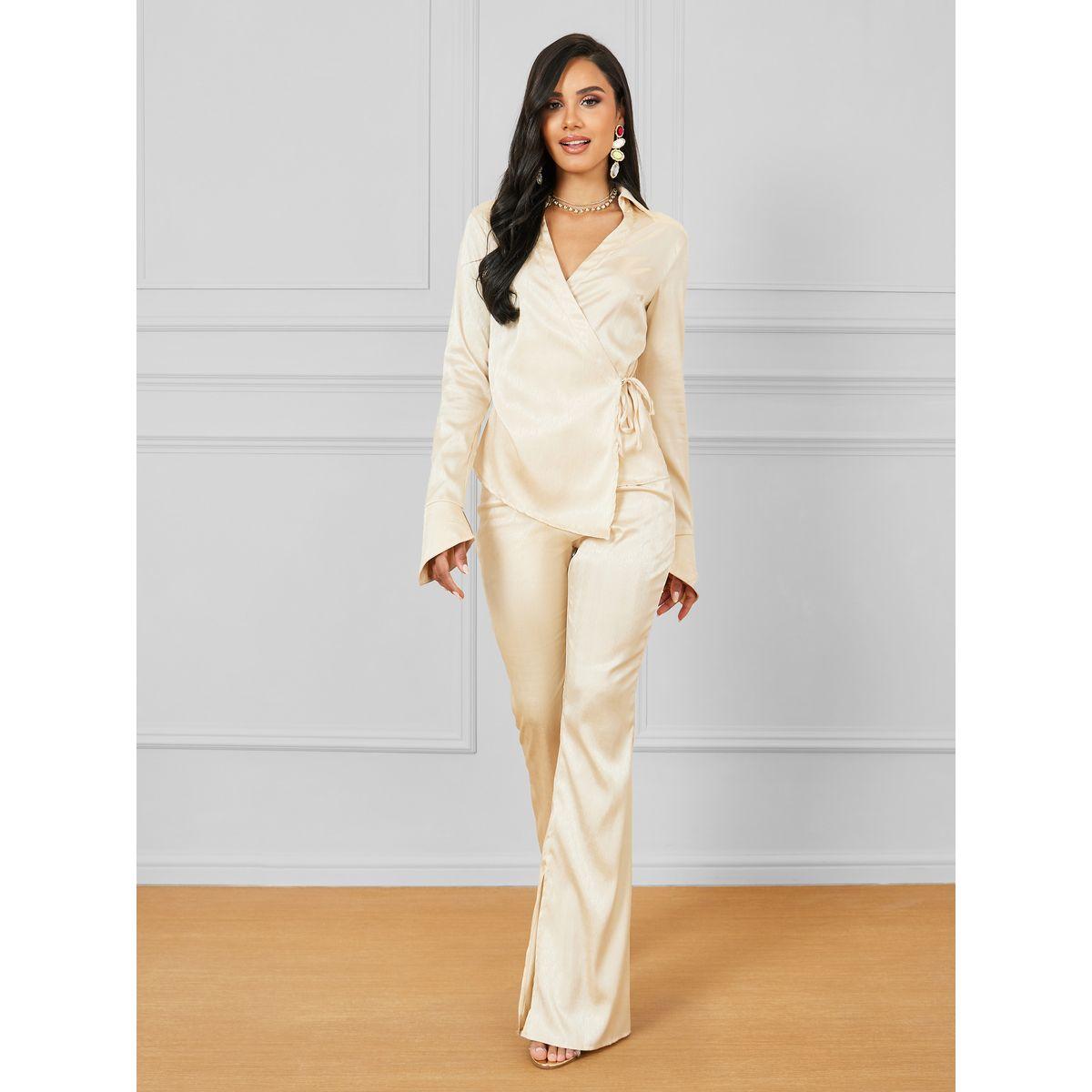 طقم منسق من بنطال وبلوزة بنمط لف-women-clothing-coordsets-image-1