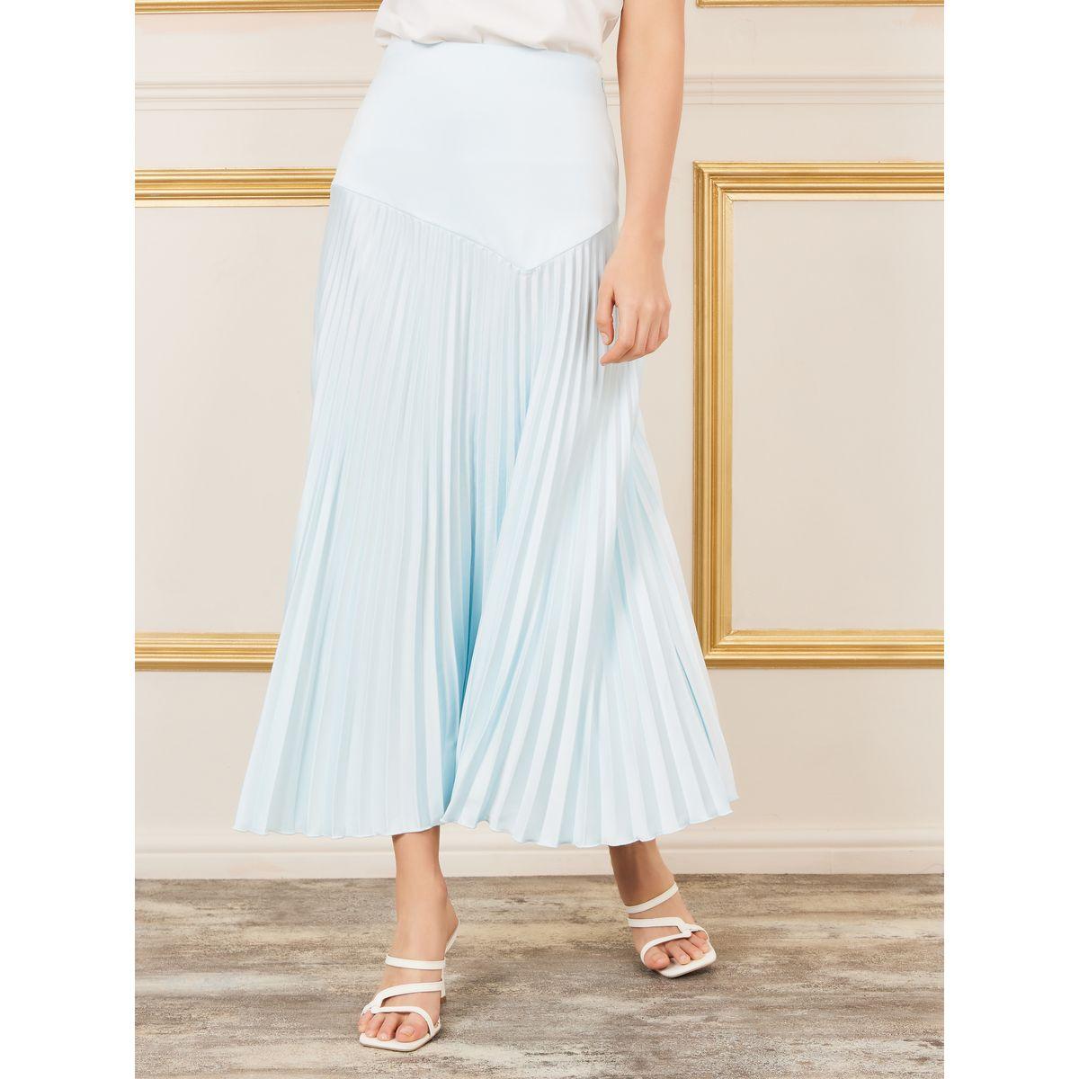 Styli Satin Yoke Pleated A-Line Maxi Skirt-women-clothing-bottoms-skirts-image-1