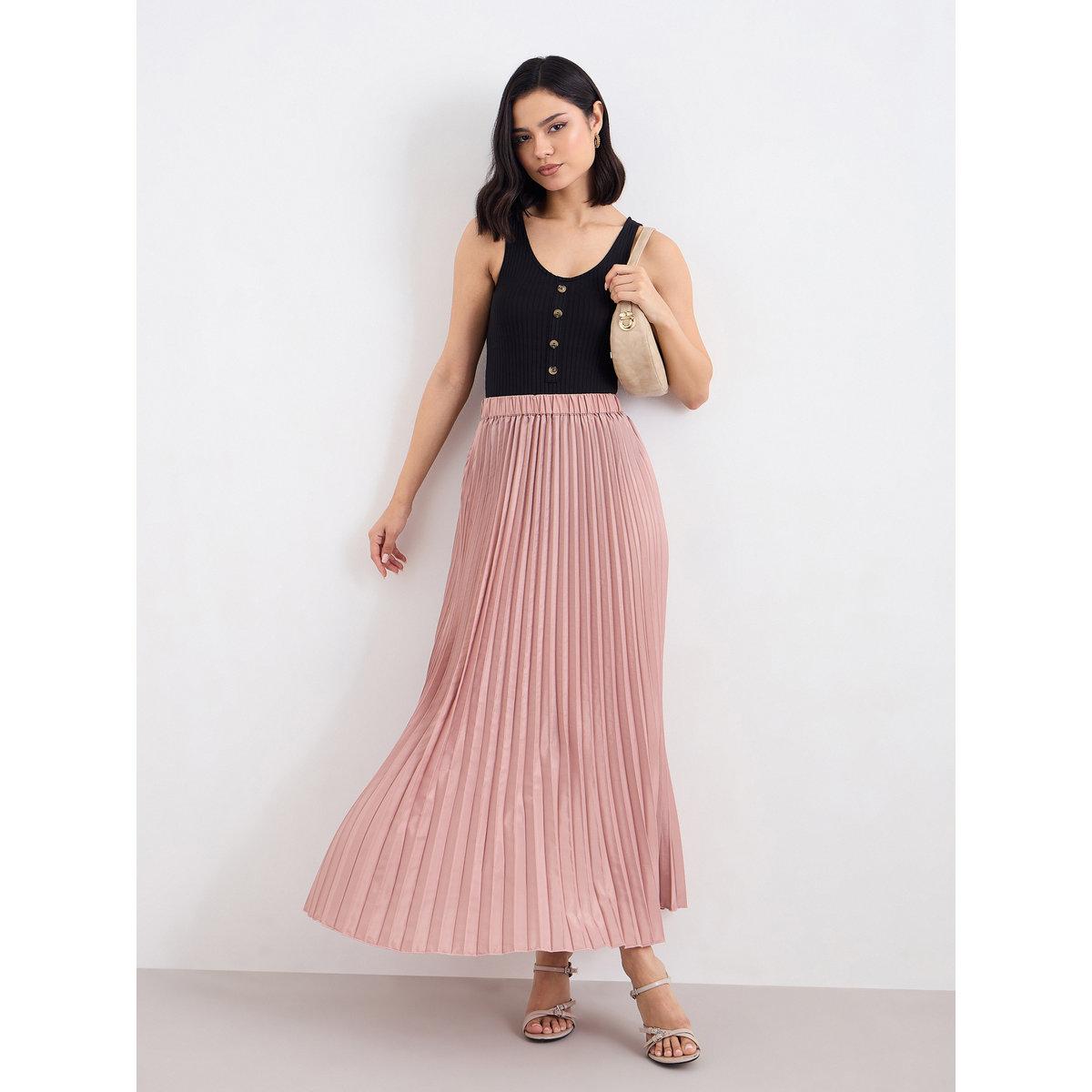 تنورة طويلة ساتان بتفاصيل كسرات-women-clothing-bottoms-skirts-image-1