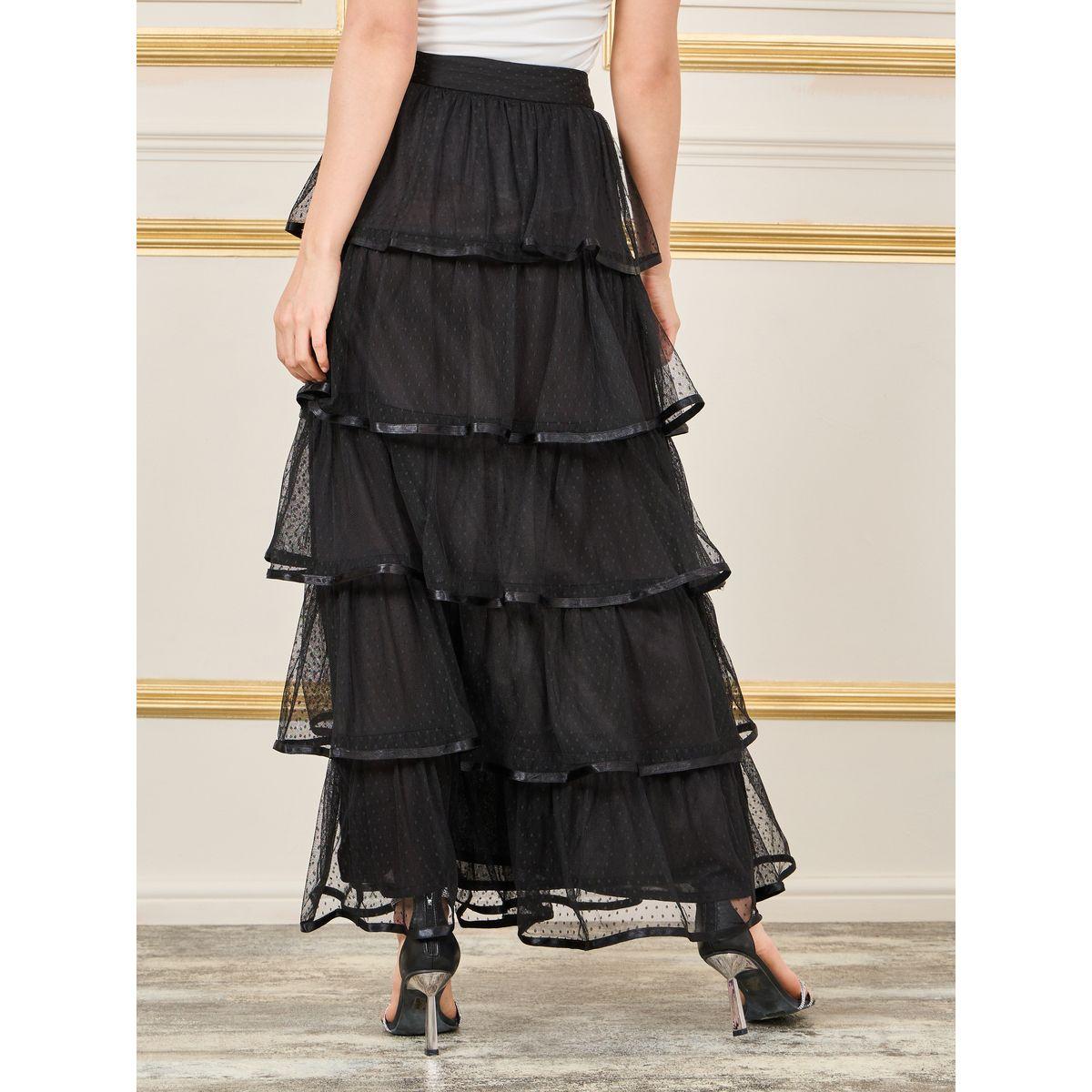 تنورة طويلة بكسرات وتفاصيل شبكية-women-clothing-bottoms-skirts-image-1