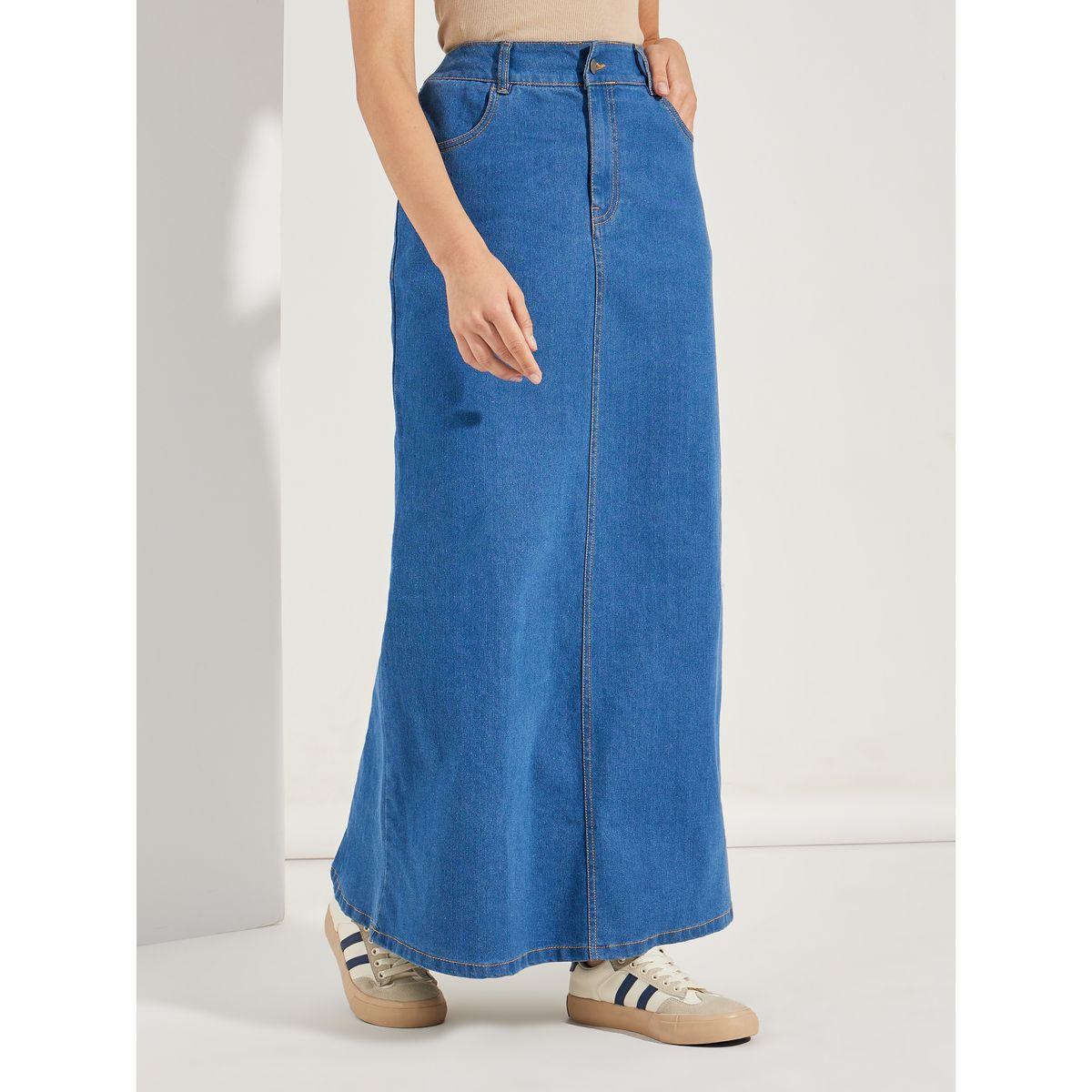 Styli Solid Denim Maxi Skirt with Buttons-women-clothing-bottoms-skirts-image-2