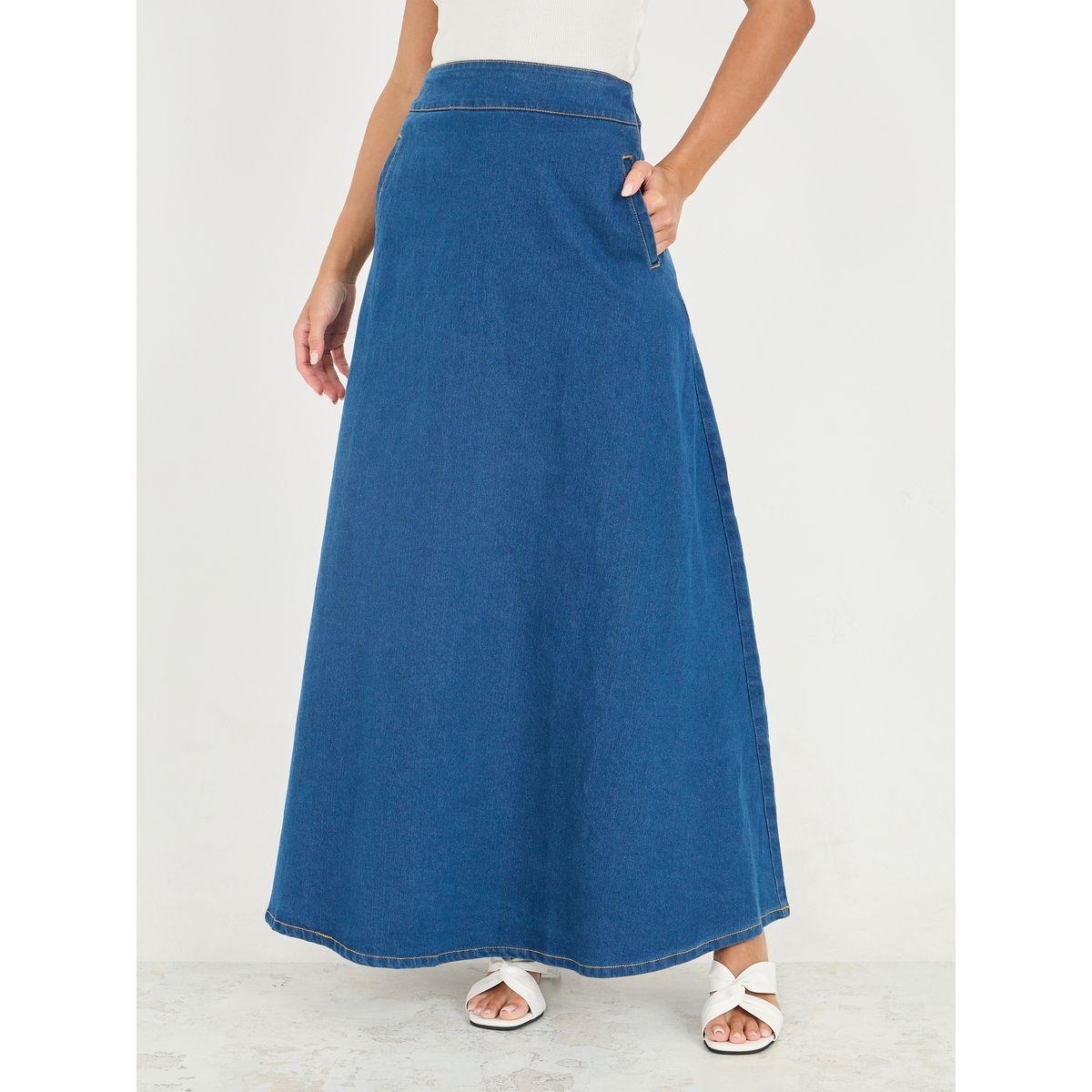 تنورة دنيم سادة مع جيوب-women-clothing-bottoms-skirts-image-4