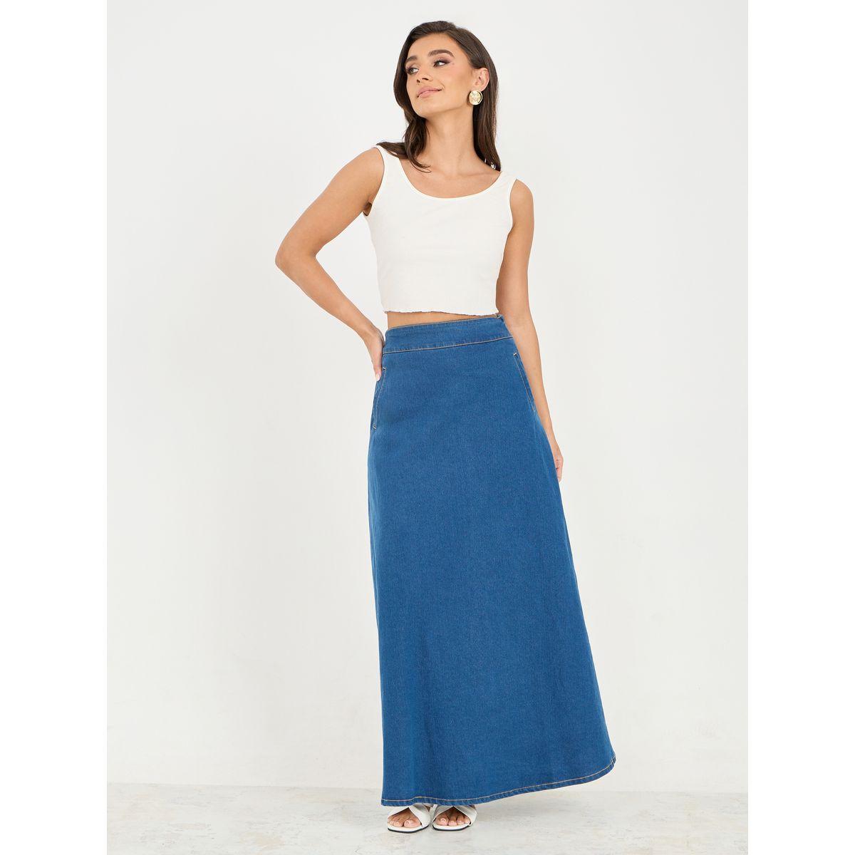 Styli Solid Denim Maxi Skirt with Pocket-women-clothing-bottoms-skirts-image-2