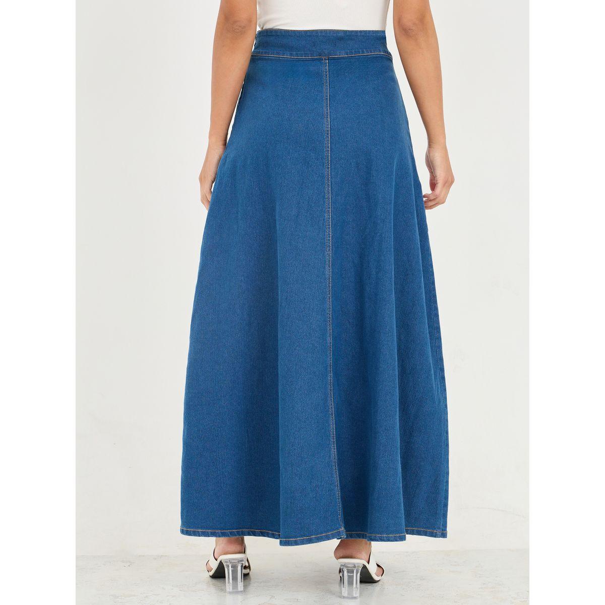 تنورة دنيم سادة مع جيوب-women-clothing-bottoms-skirts-image-1
