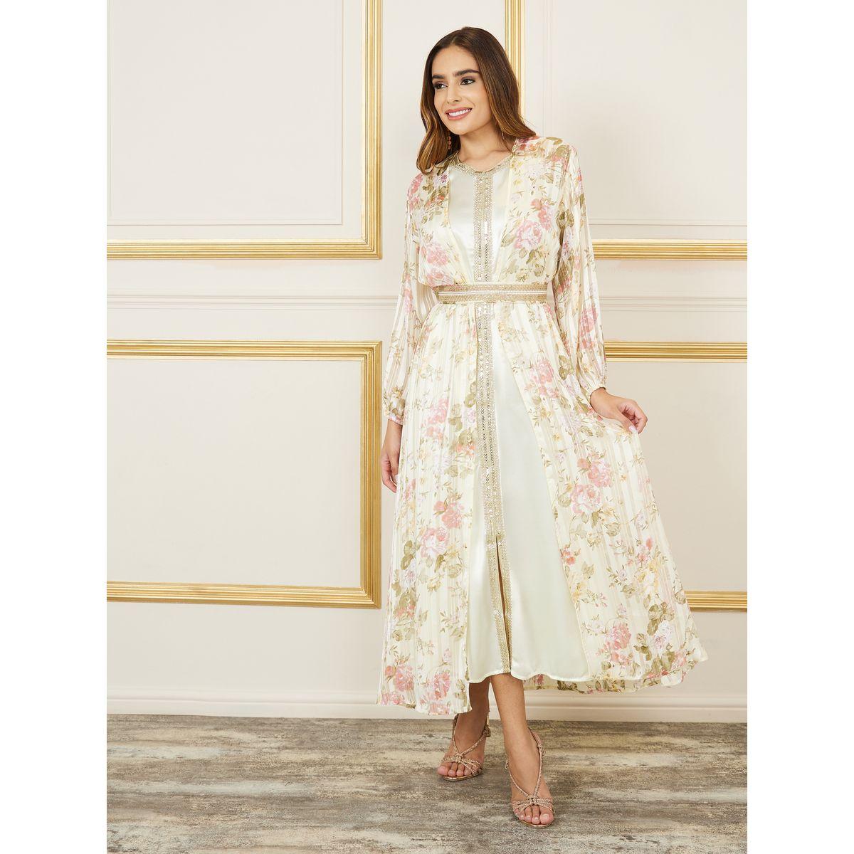 Styli All Over Floral Print Embroidered Lace Kaftan-women-arabicclothing-kaftan-image-1