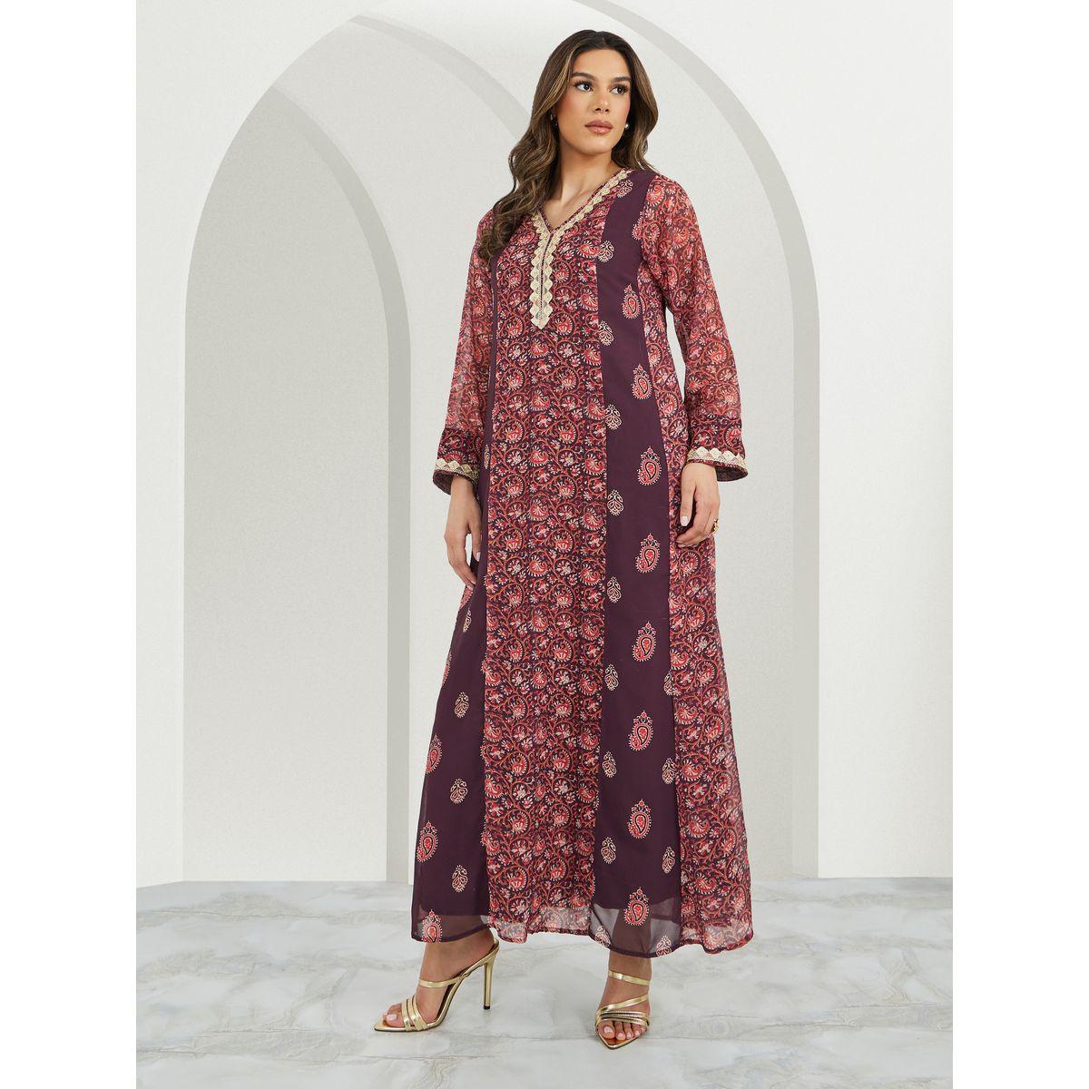 جلابية بياقة V مع تفاصيل دانتيل ولوحات مطبوعة-women-arabicclothing-jalabiyas-image-1
