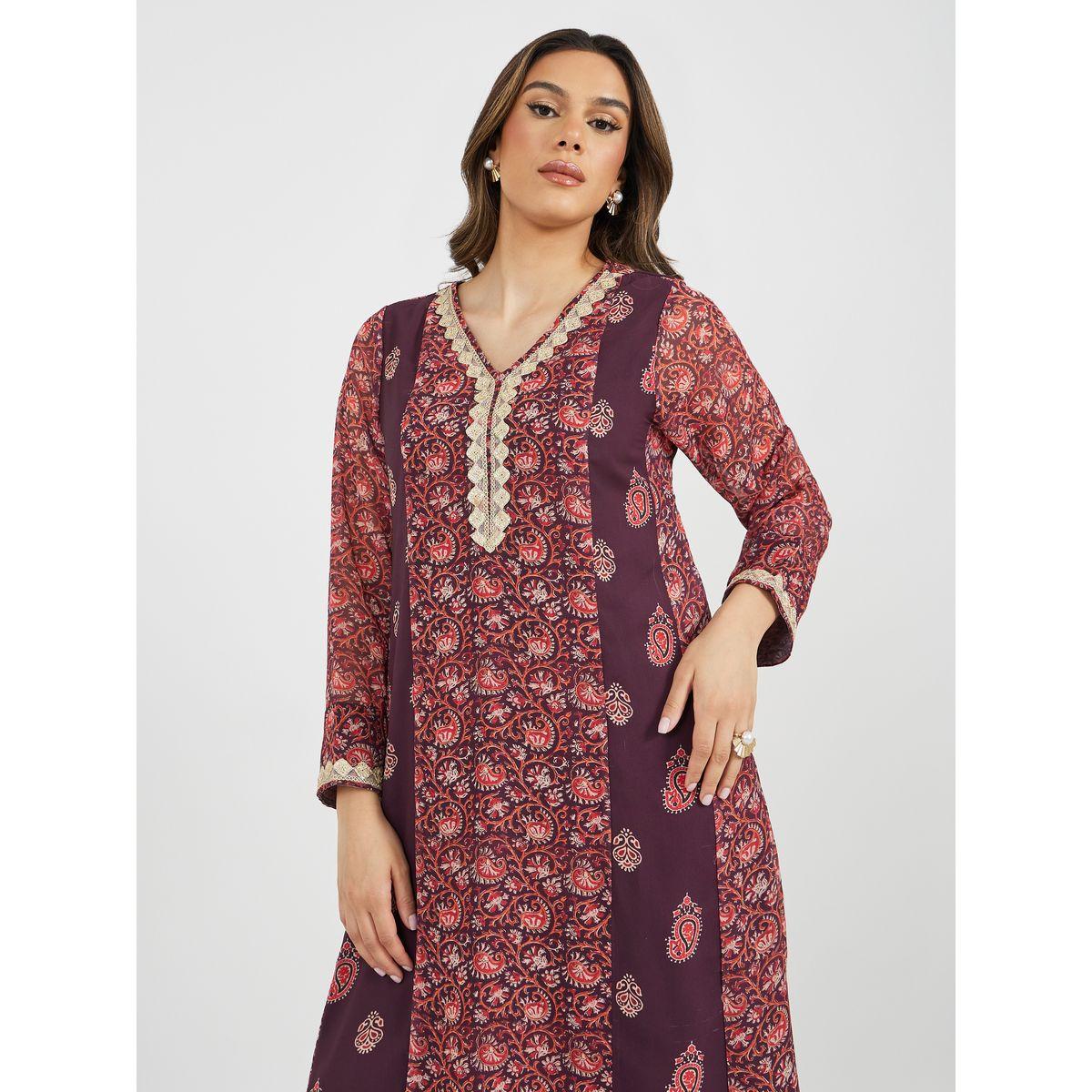 جلابية بياقة V مع تفاصيل دانتيل ولوحات مطبوعة-women-arabicclothing-jalabiyas-image-2
