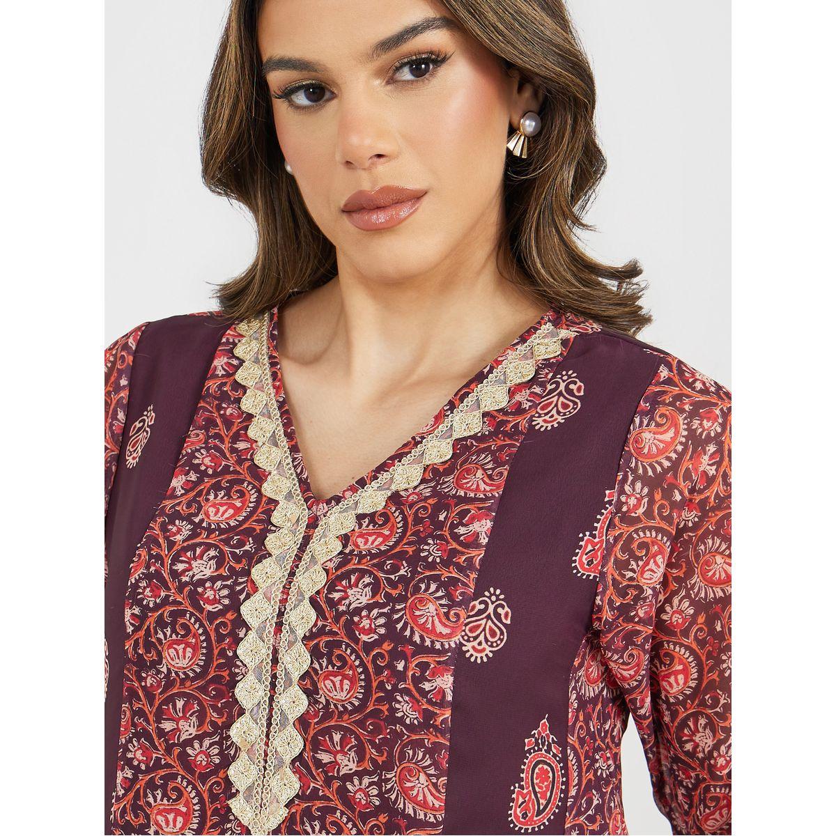 جلابية بياقة V مع تفاصيل دانتيل ولوحات مطبوعة-women-arabicclothing-jalabiyas-image-3