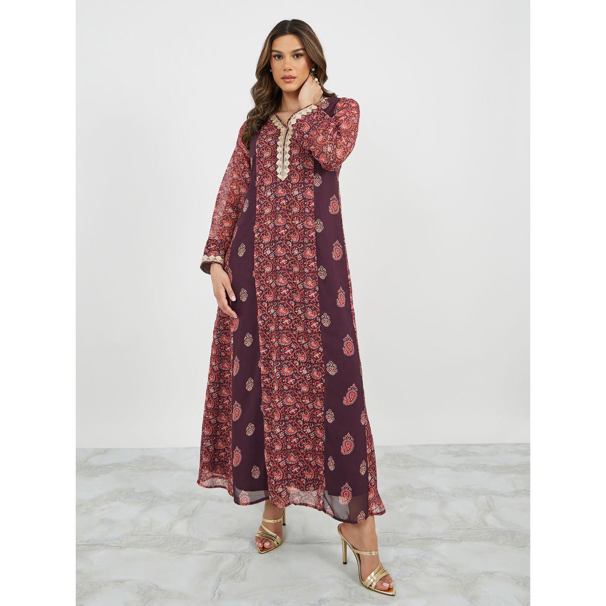 جلابية بياقة V مع تفاصيل دانتيل ولوحات مطبوعة-women-arabicclothing-jalabiyas-image-4