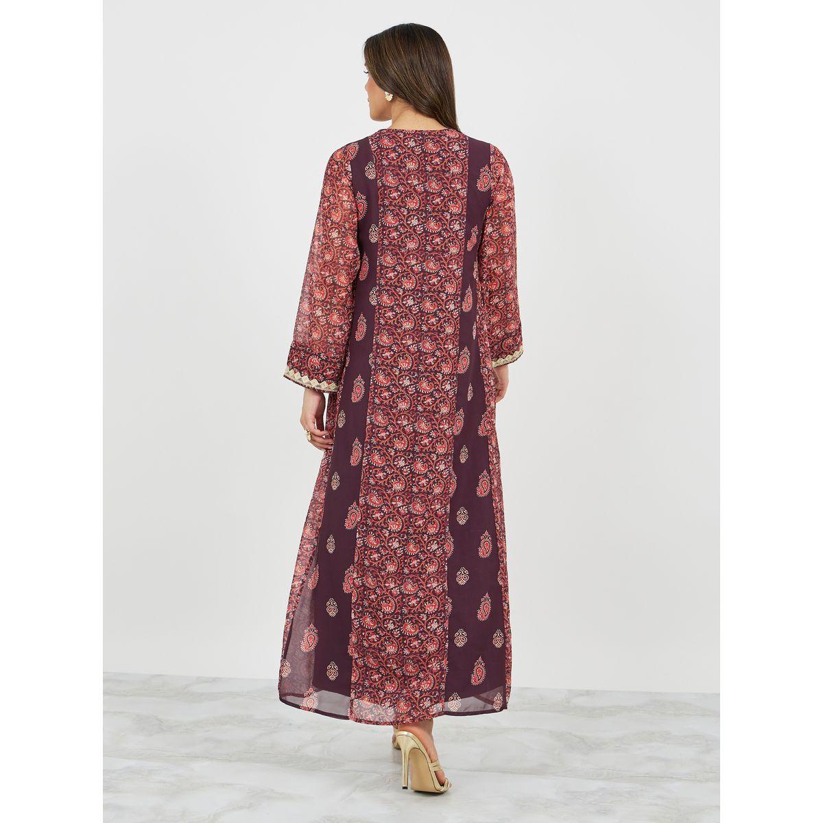 جلابية بياقة V مع تفاصيل دانتيل ولوحات مطبوعة-women-arabicclothing-jalabiyas-image-6