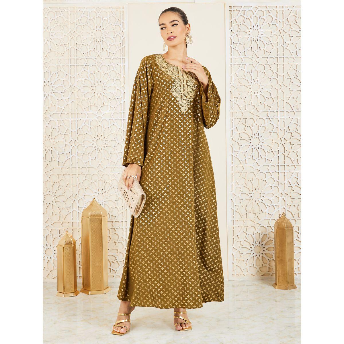 Styli Foil Print Embroidered Lace Detail Neck Jalabiya-women-arabicclothing-jalabiyas-image-1