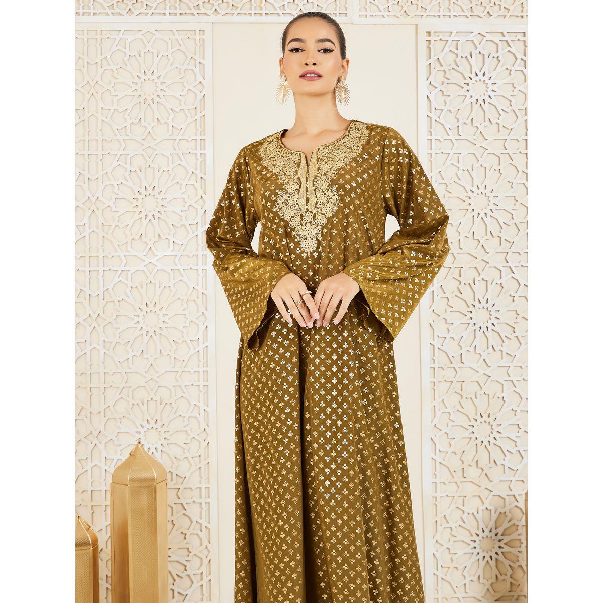 Styli Foil Print Embroidered Lace Detail Neck Jalabiya-women-arabicclothing-jalabiyas-image-2