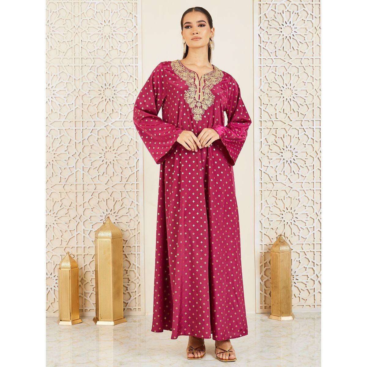 Styli Embroidered Neck Foil Print Jalabiya-women-arabicclothing-jalabiyas-image-1