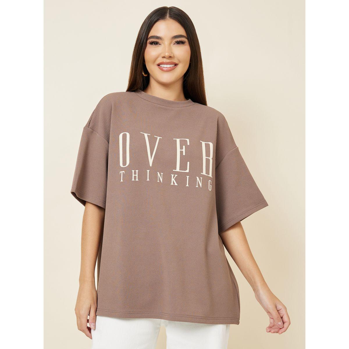 Styli Oversized Textured Contrast Slogan Print Drop Shoulder T-Shirt-women-clothing-tshirts-image-2