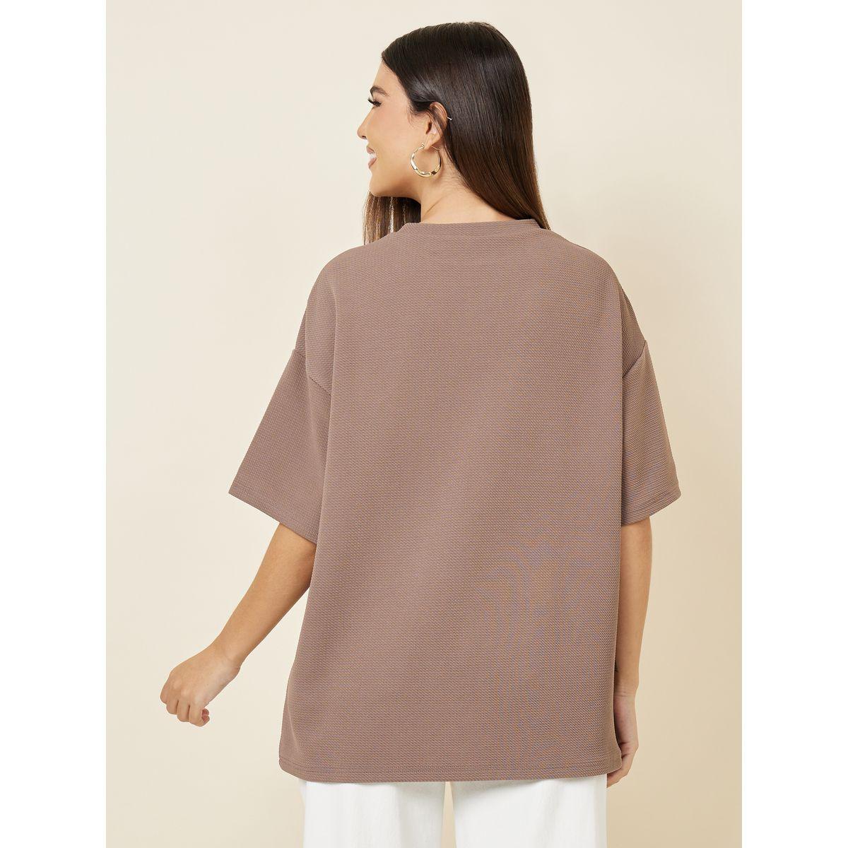 Styli Oversized Textured Contrast Slogan Print Drop Shoulder T-Shirt-women-clothing-tshirts-image-5