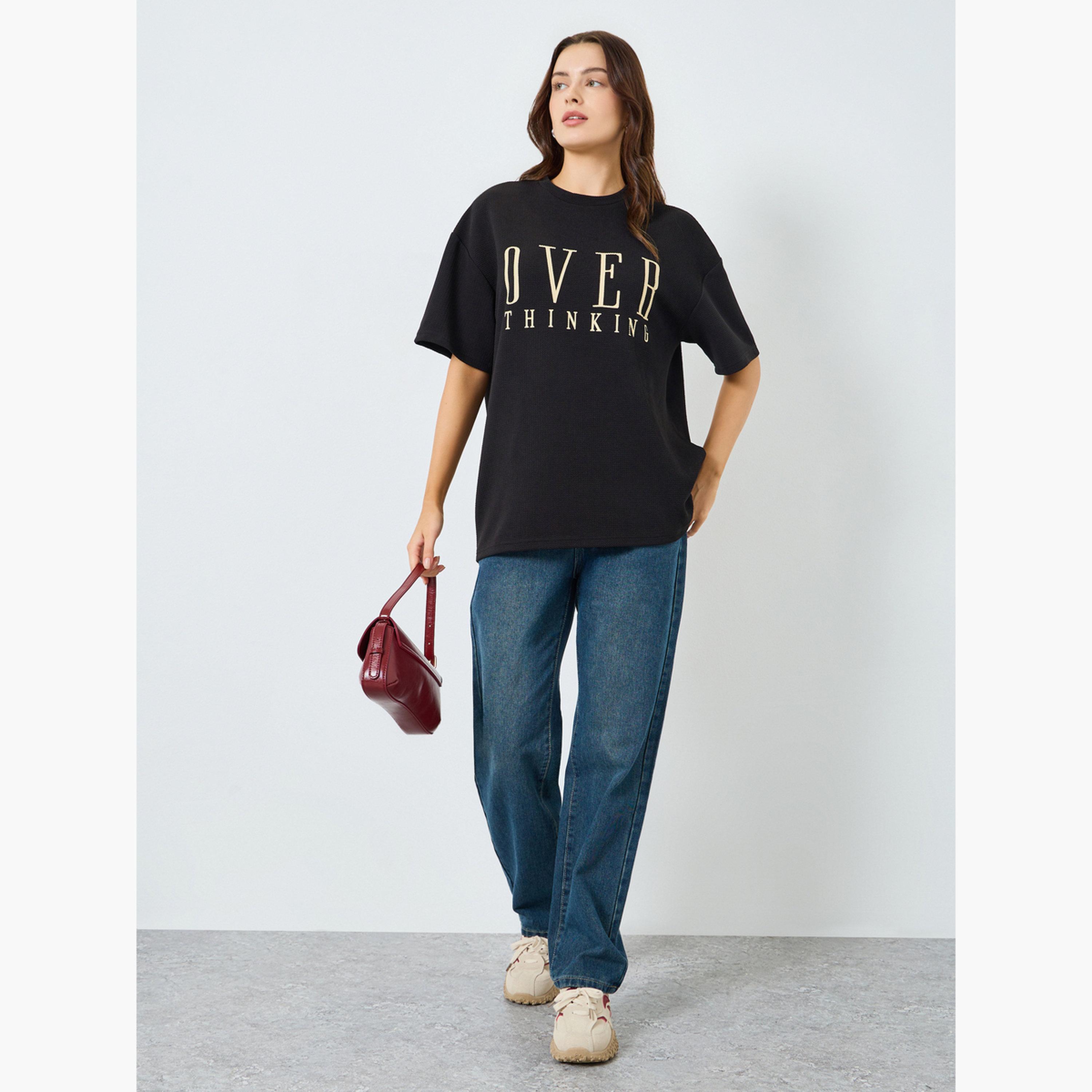 Styli Women Black Oversized Slogan Print T-Shirt-women-clothing-tshirts-image-2