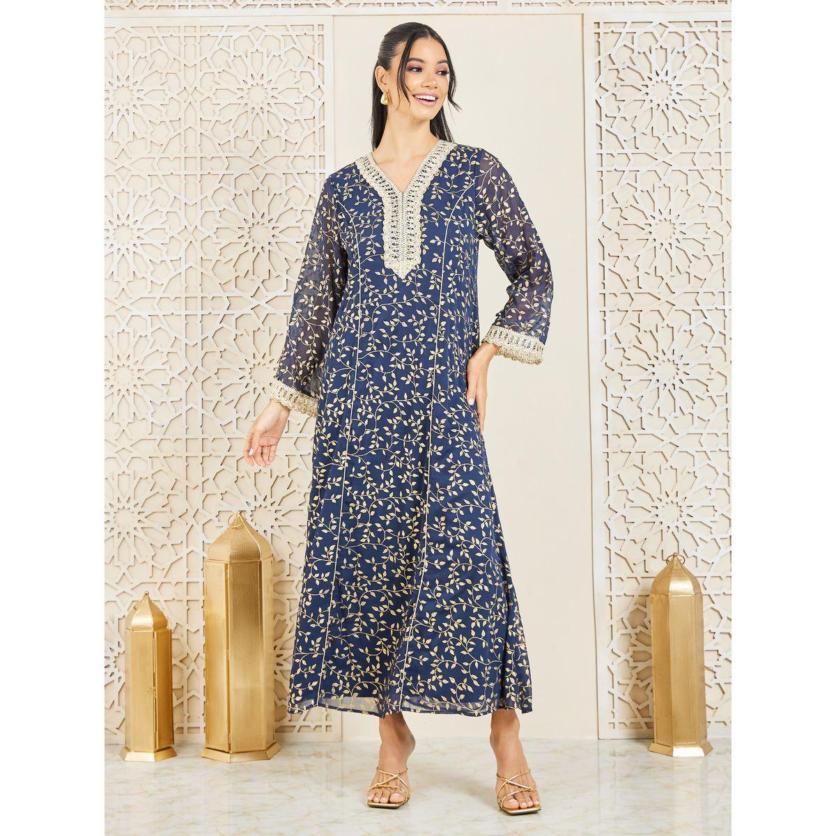Styli Embroidered Lace Trim Leaf AOP Jalabiya-women-arabicclothing-jalabiyas-image-1
