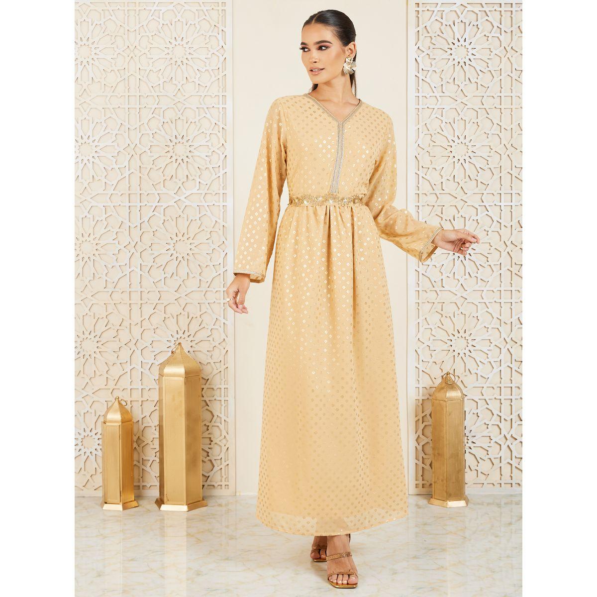 جلابية بطبعة فويل وتفاصيل دانتيل مع أربطة-women-arabicclothing-jalabiyas-image-1